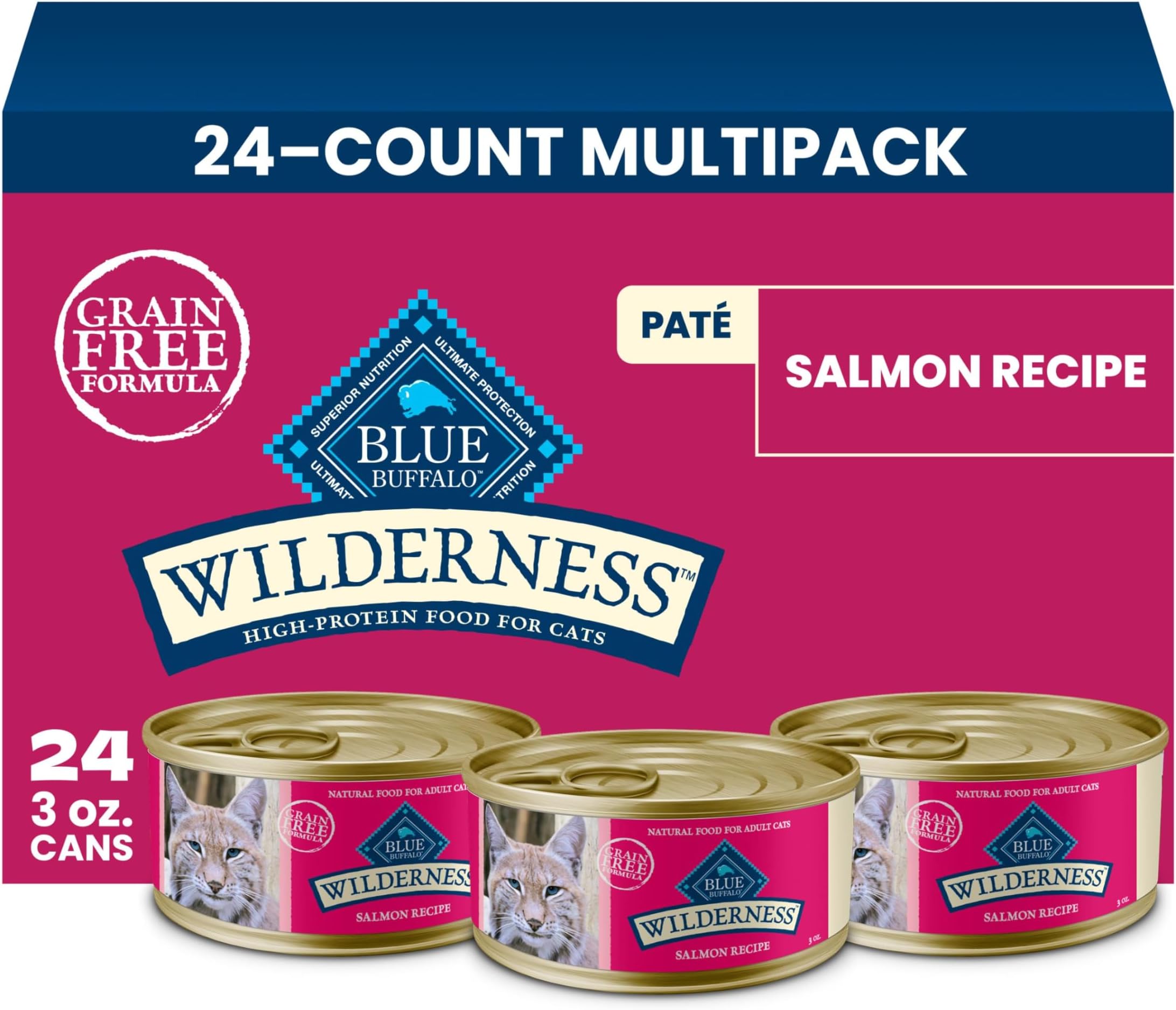Blue Buffalo Wilderness Salmon Paté Adult Wet Cat Food, High-Protein & Grain-Free Recipe Enhanced with Vitamins, Minerals, and Other Nutrients, 3-oz. Cans (24 Count)