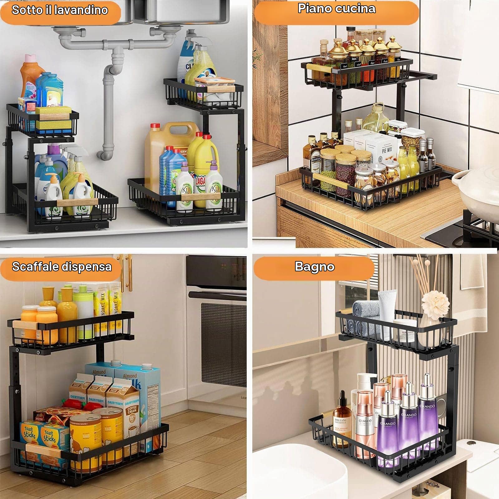 Organizer Sottolavello Cucina Metallo, Regolabile in Altezza Sotto Lavello Cucina Organizer con 2 Cassetti Scorrevoli per Bagno portaoggetti, Accessori Utensili Cucina, Controsoffitto, Mobile