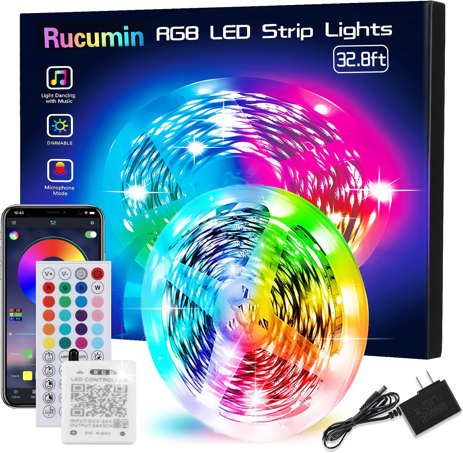 32.8ft Led Lights for Bedroom, Rope Lights, Music Sync, LED Strip Lights with App and 44 Key Remote Control, RGB LED Light Strips for Decoration