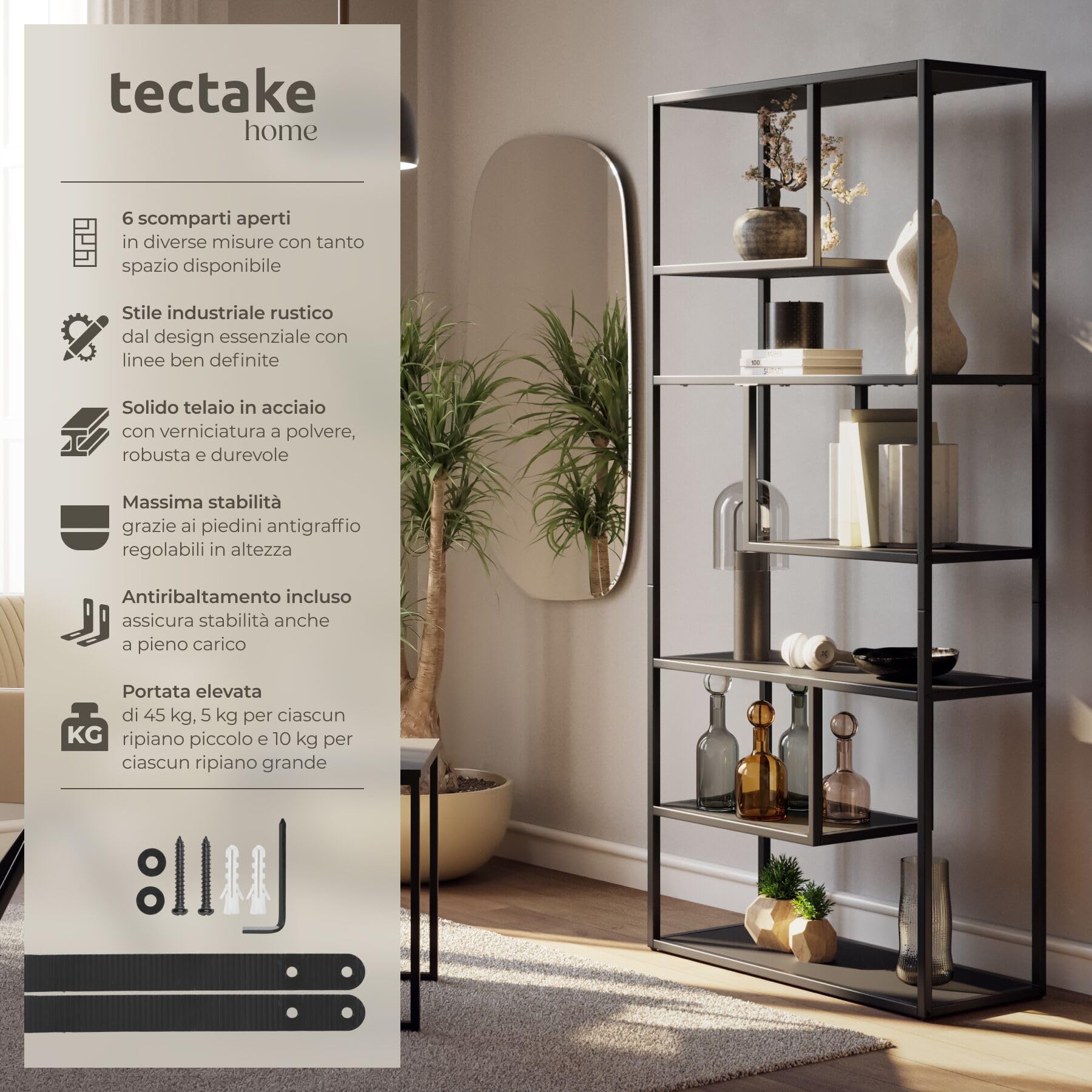 tectake® Scaffale Autoportante con 6 Scomparti, Libreria Scaffale con Ripiani in Metallo e Legno, Libreria Moderna, Libreria Industriale per Casa, Ufficio, Cucina, Garage, 85x35x188 cm - Nero