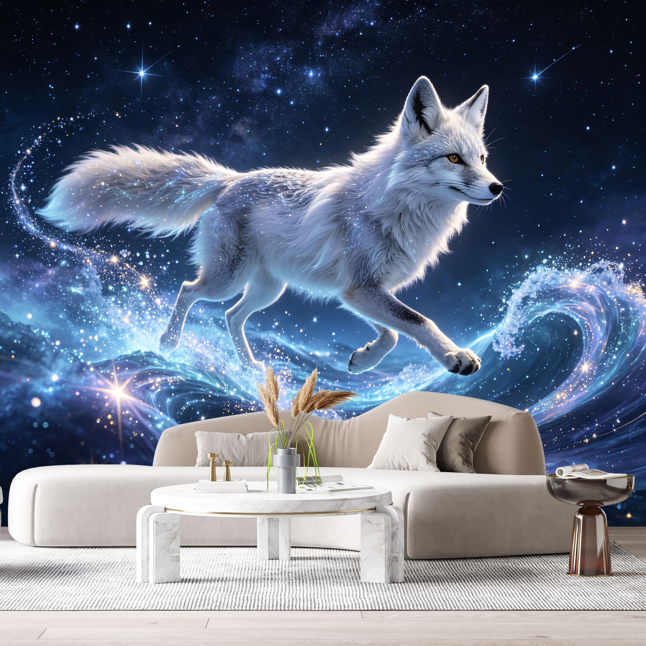 Custom Size Wall Murals White Fox Starry Sky Cosmic Ocean Waves Abstract Modern SelfAdhesive Wall Fabric Removable Large Wallpaper for Photo Living Room