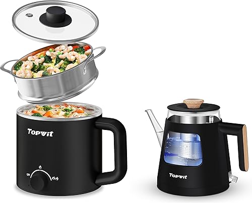 Topwit Cocina eléctrica con vapor, olla de ramen de 1.6 L y hervidor eléctrico de agua caliente de vidrio de 1 litro