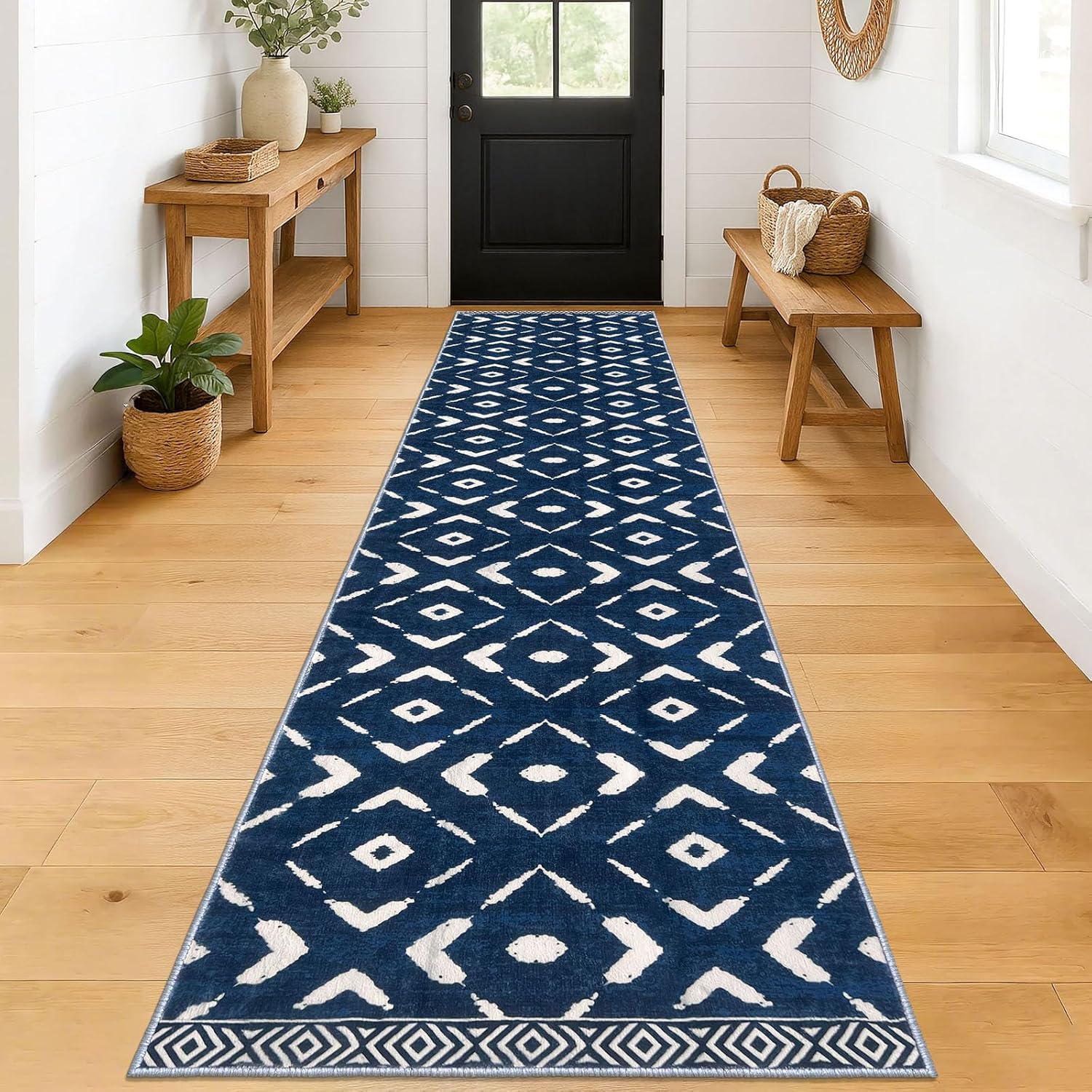 KILOCOCO Hallway Runner Rug 2.6'x12' Runners for Hallways Washable Runner Soft Non Slip Printed Geometric Low-Pile Rugs Runners for Bedroom Kitchen Living Room Boho Rugs, Blue 2'7" x 12' (Runner) Blue