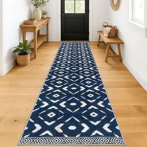 KILOCOCO Hallway Runner Rug 2.6'x12' Runners for Hallways Washable Runner Soft Non Slip Printed Geometric Low-Pile Rugs Runners for Bedroom Kitchen Living Room Boho Rugs, Blue