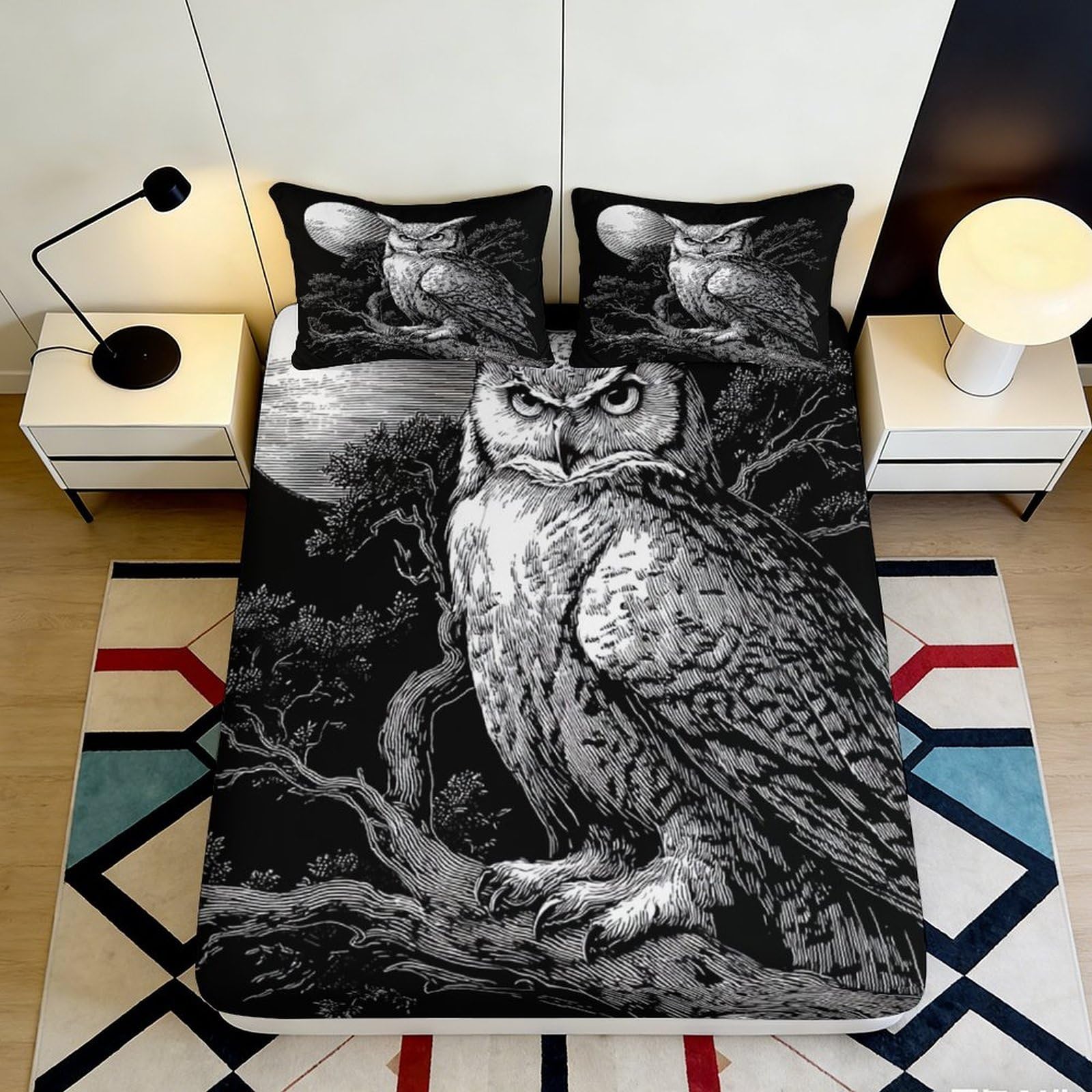 Pnayamiorkfel Style-7 3D Printed Owl Forest Fitted Sheet Microfiber Soft Washable Moon Night Mattress Cover For Bedroom Dorm Decor 90X200x25cm