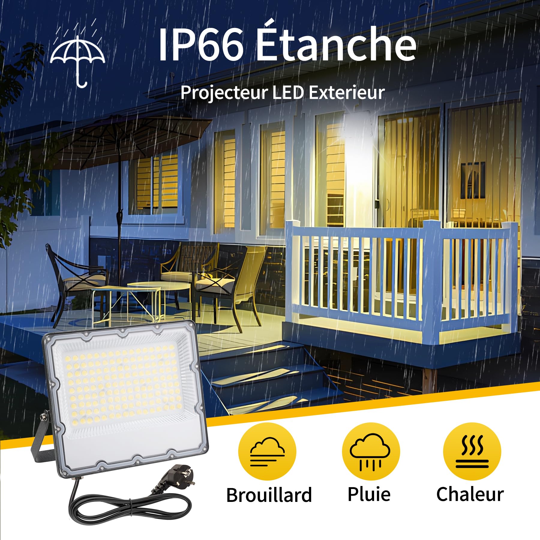Projecteur LED Extérieur BOSITE 100W - 2 Pièces, 10000LM, IP66, Blanc Froid 6500K