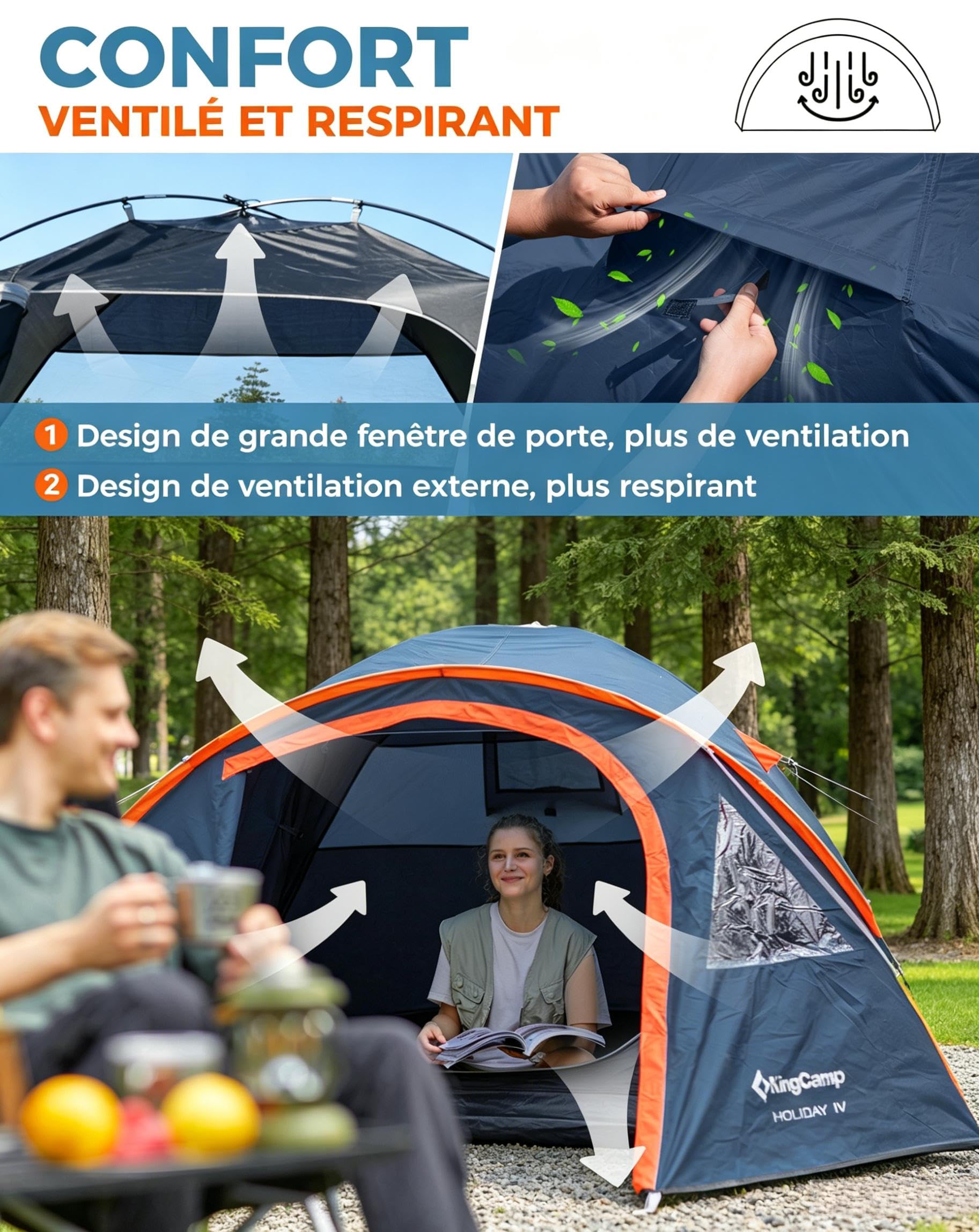 KingCamp Tente de Camping 3 à 4 Personnes avec Auvent, Imperméable 3000 mm | Tente Double Couche avec Fenêtres PVC,Port E, Vestibule de Rangement, Montage Rapide en 10 Min pour Festival, Week-end,Jardin