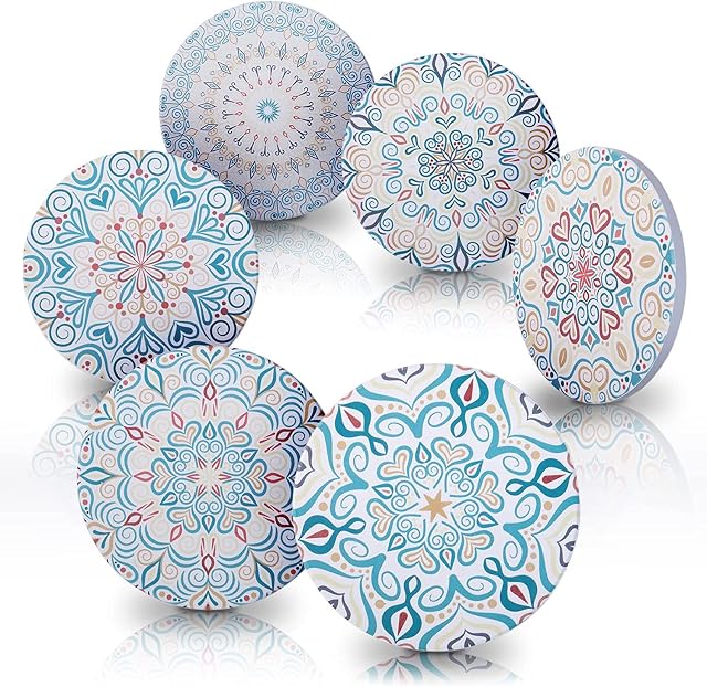 Amazy Ceramiczne podstawki  zestaw 6 sztuk, okrągłe, dekoracyjne podstawki w stylu boho z ceramiczną powierzchnią i korkowym spodem, do szklanek, kubków i kubków  antypoślizgowe, odporne na wysokie