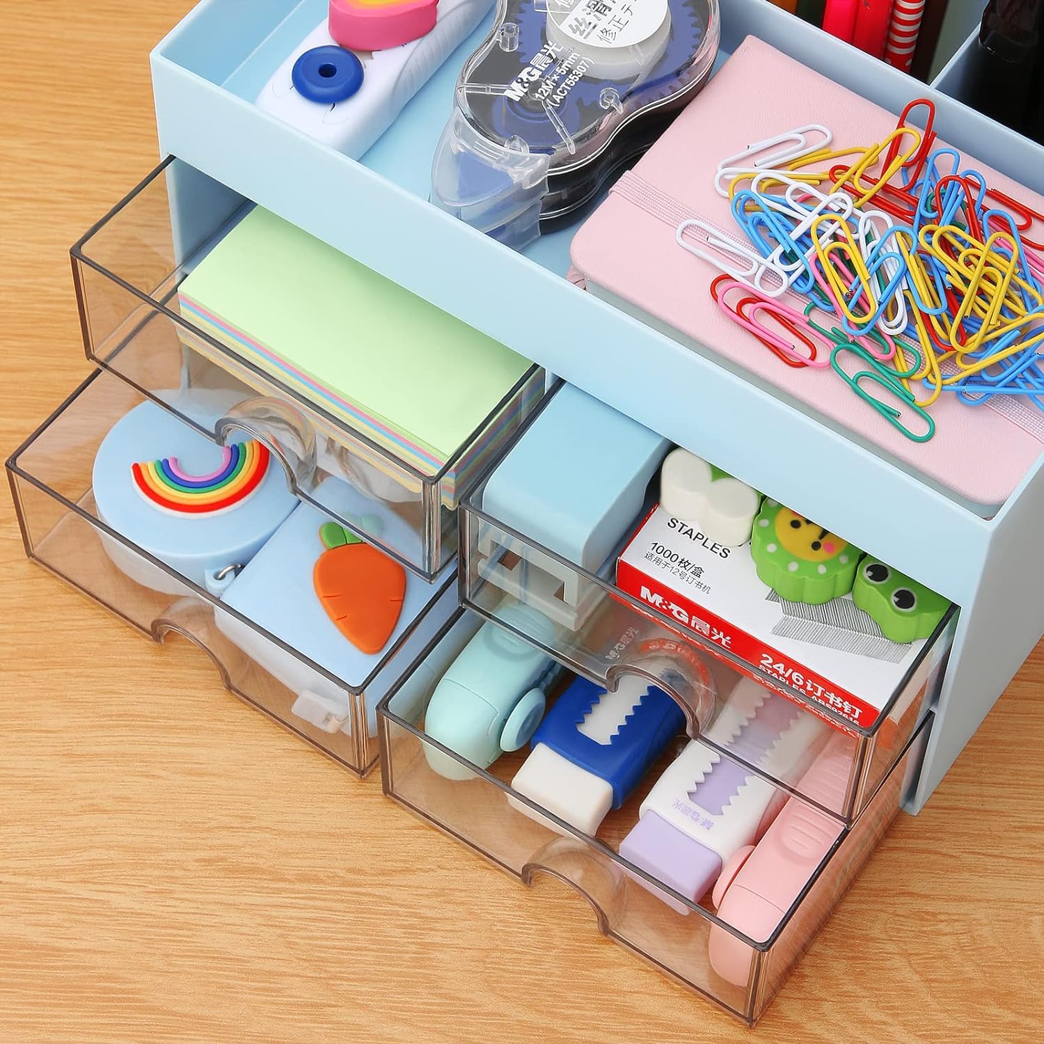 KAHEIGN Organizzatore da Scrivania con 4 Cassetti, 19CM x 14CM Organizer da Scrivania Multifunzionale Portapenne di Grande Capacità Organizzatore di Trucchi per Ufficio Scuola Casa Tavolo (Blu)
