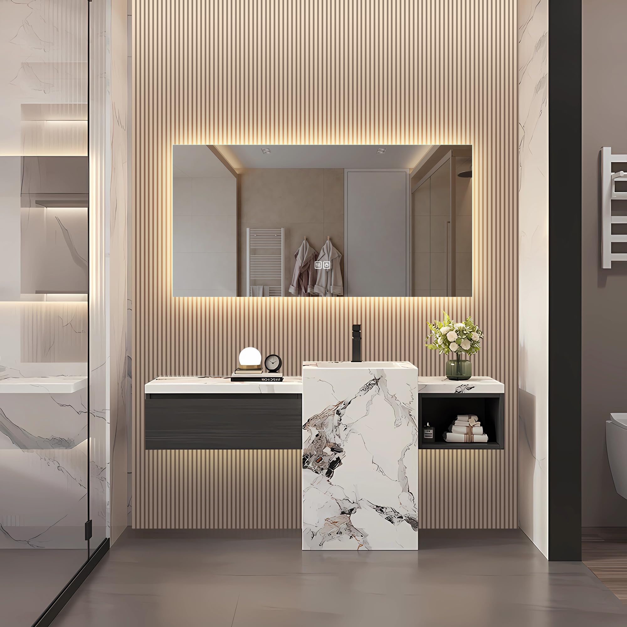 Espejo de baño con iluminado, 60 x 120 cm, función antivaho, ajuste de brillo de tres niveles, rectangular, sin marco, sin lazos, espejo de baño