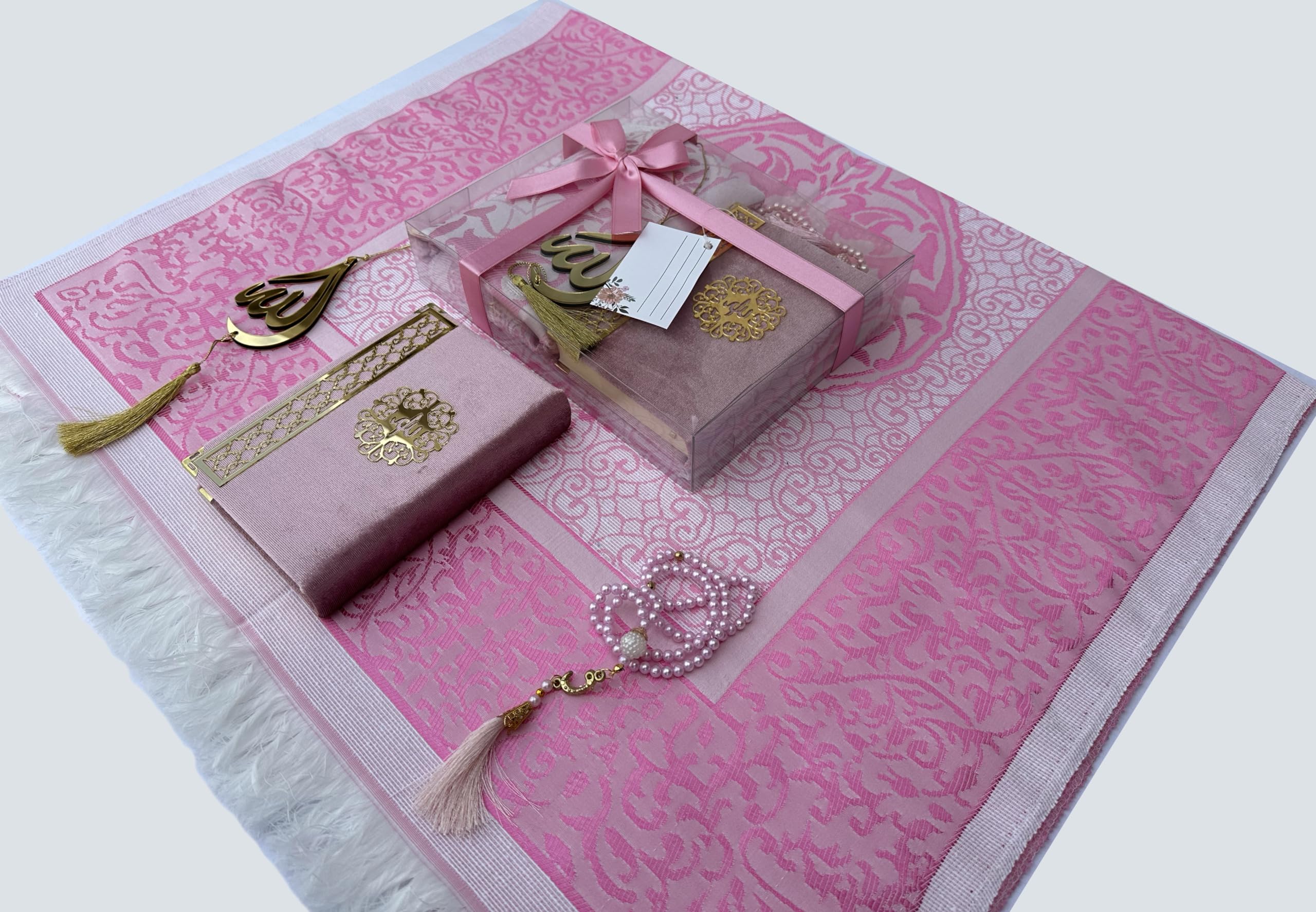 Prayer Mat Gift Set, Tasbeeh, Prayer Rug, Holy Arabic, Moshaf, Book size 17x12 Sajjada, Islamic Gift, Muslim Gift Set,Janamaz (ROSE)