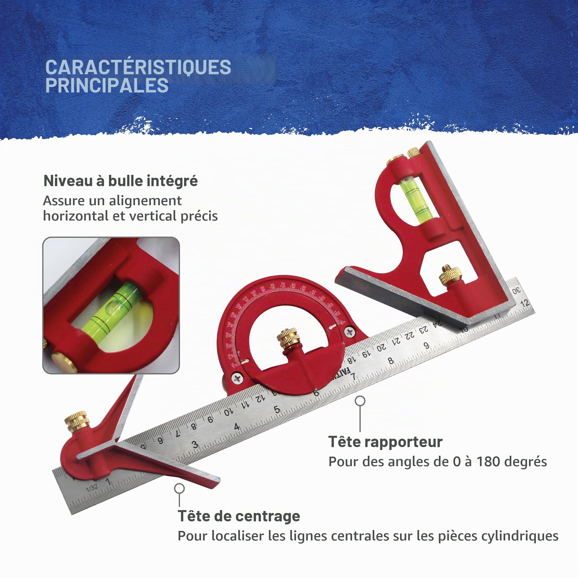 Équerre combinée Faithfull 300 mm (12 po) – Outil multifonction de mesure et de traçage avec rapporteur, centreur, niveau à bulle et règle en acier inoxydable pour le travail du bois et du métal
