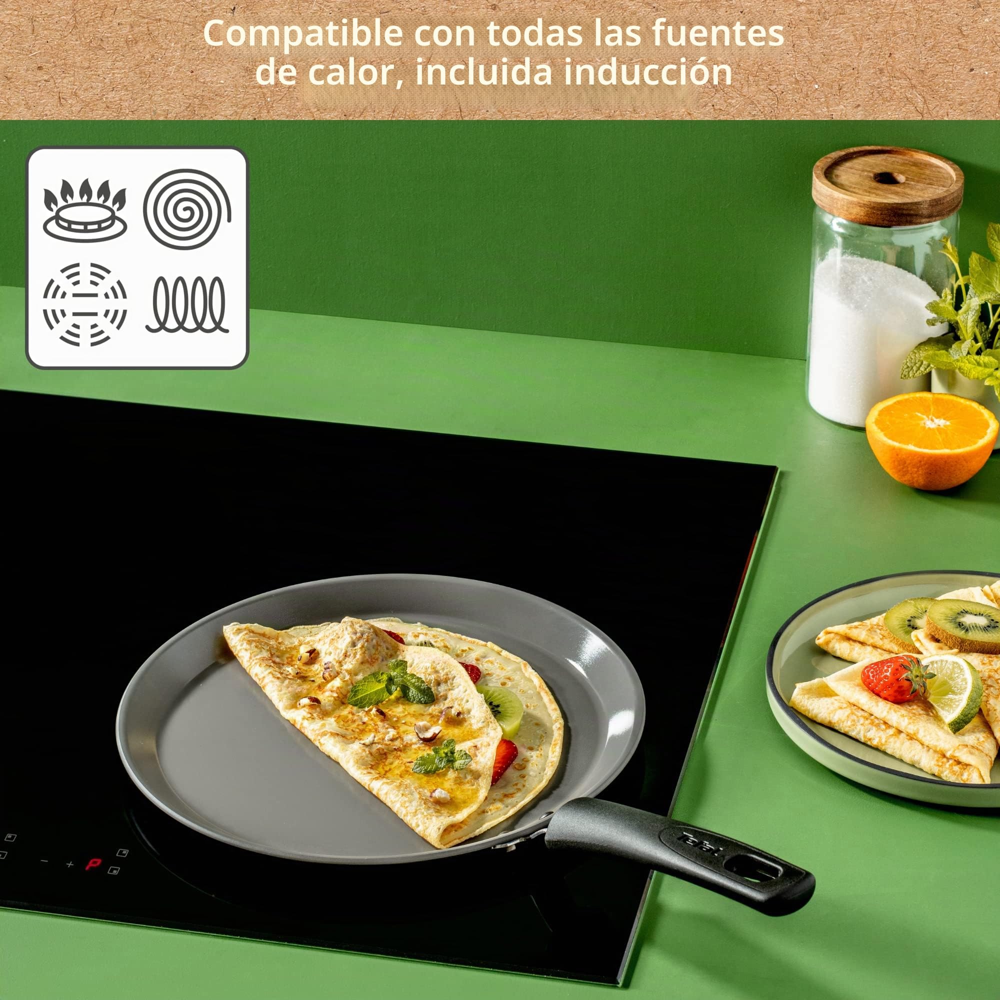 TEFAL - Sartén para crepes (28 cm, inducción, revestimiento cerámico, Eco-diseñado, reciclado, cocción sana, termo-Signal, fabricada en Francia, Renew C4253913, gris