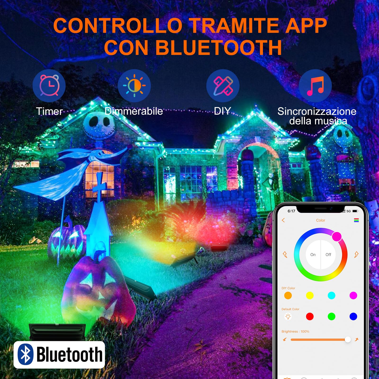 DUSKTEC Faretto LED da Esterno RGB 80W, Fari LED Colorate APP Bluetooth Controllo, Proiettori Dimmerabile con Memoria, Impermeabile IP66 Luce di Inondazione Bianca Calda per Interni ed Esterni