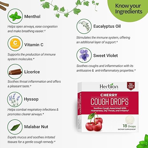 Miniatura 10 de Herbion Naturals Gotas para la tos con sabor a cereza natural, suplemento dietético, alivia la tos, para adultos y niños mayores de 6 años, 18