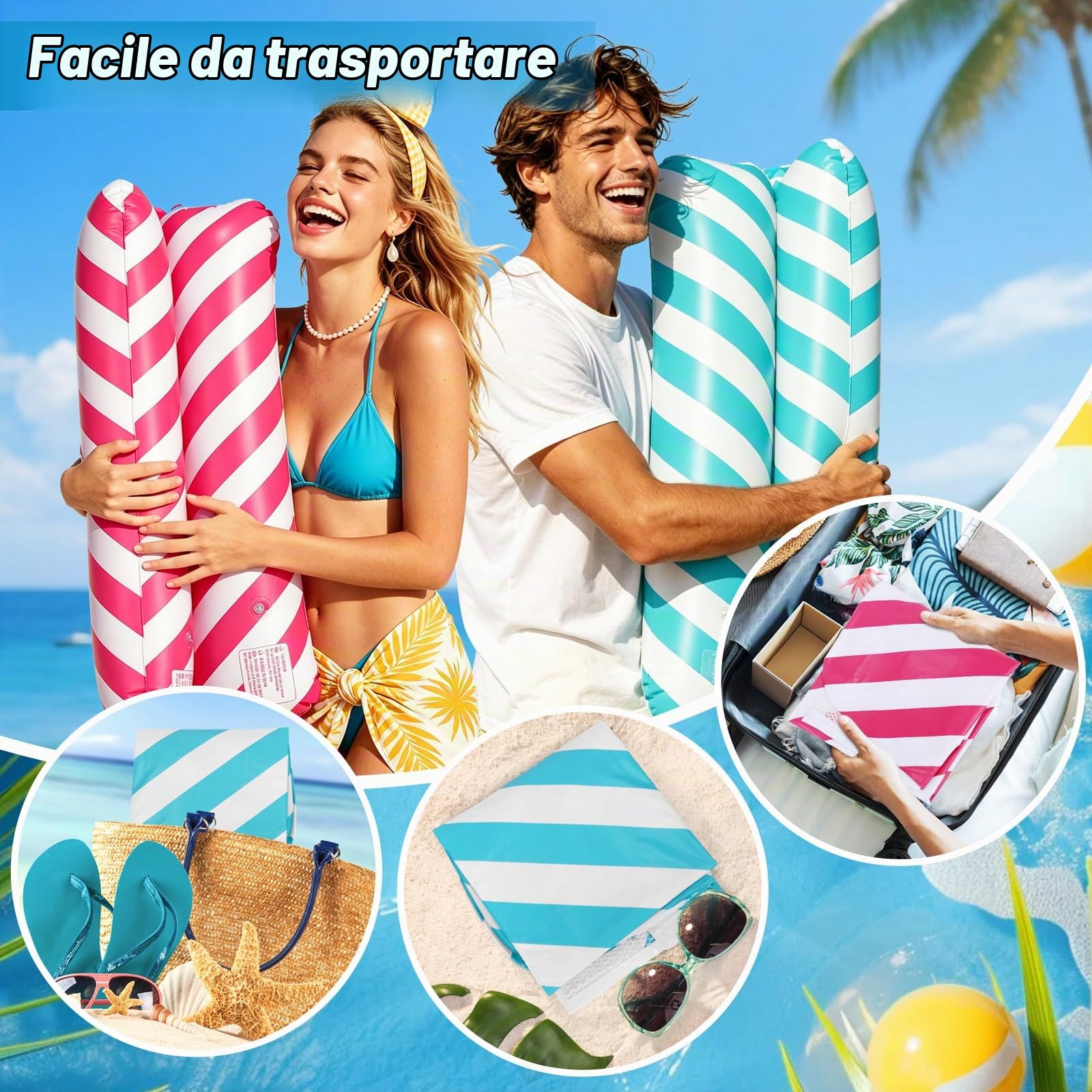 2 Pezzi Amaca Galleggiante,Materassino Gonfiabile 4-in-1 con Due Pompe,130x70 CM Materassino Piscina Pieghevole,Gonfiabili Piscina Adulti,Accessori per Piscine e Spiaggia Estivi(Blu e Rosa)