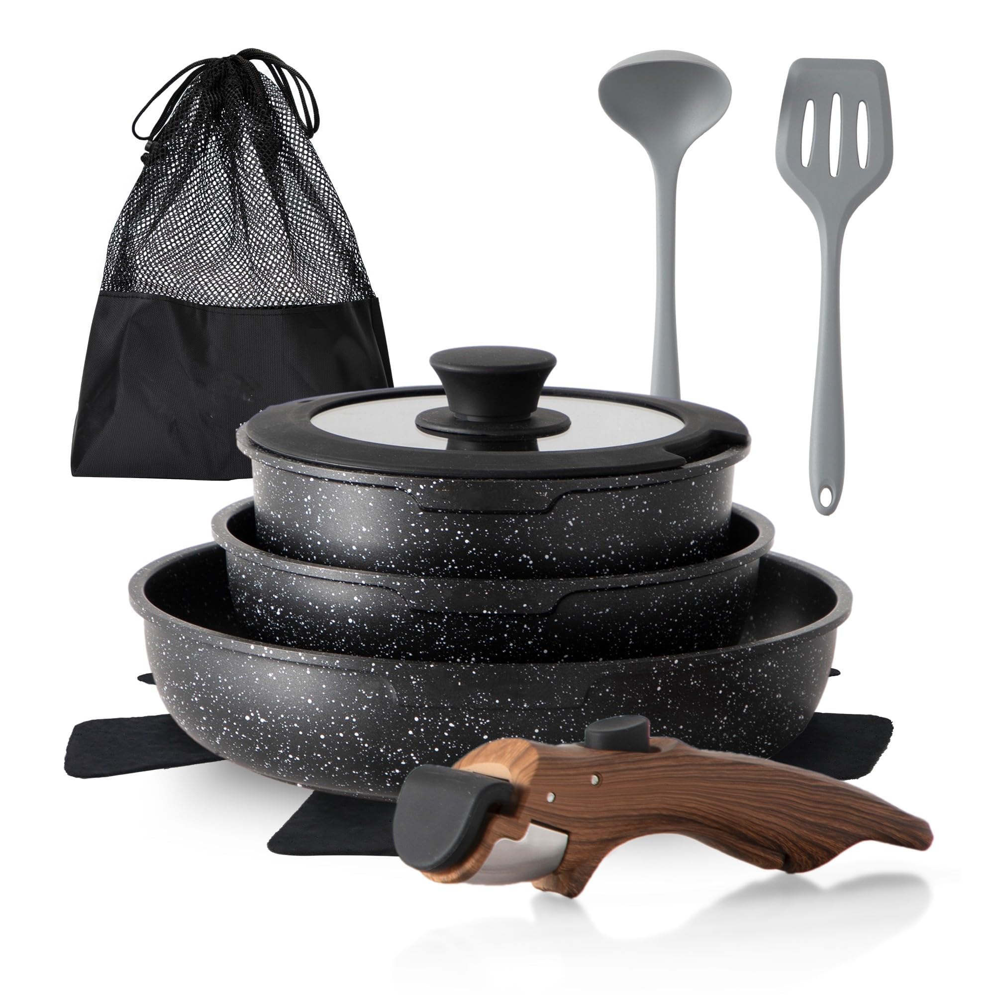 DishDelight Removable Handle Pots and Pans, 10 Piece Black Granite Induction Cookware Set