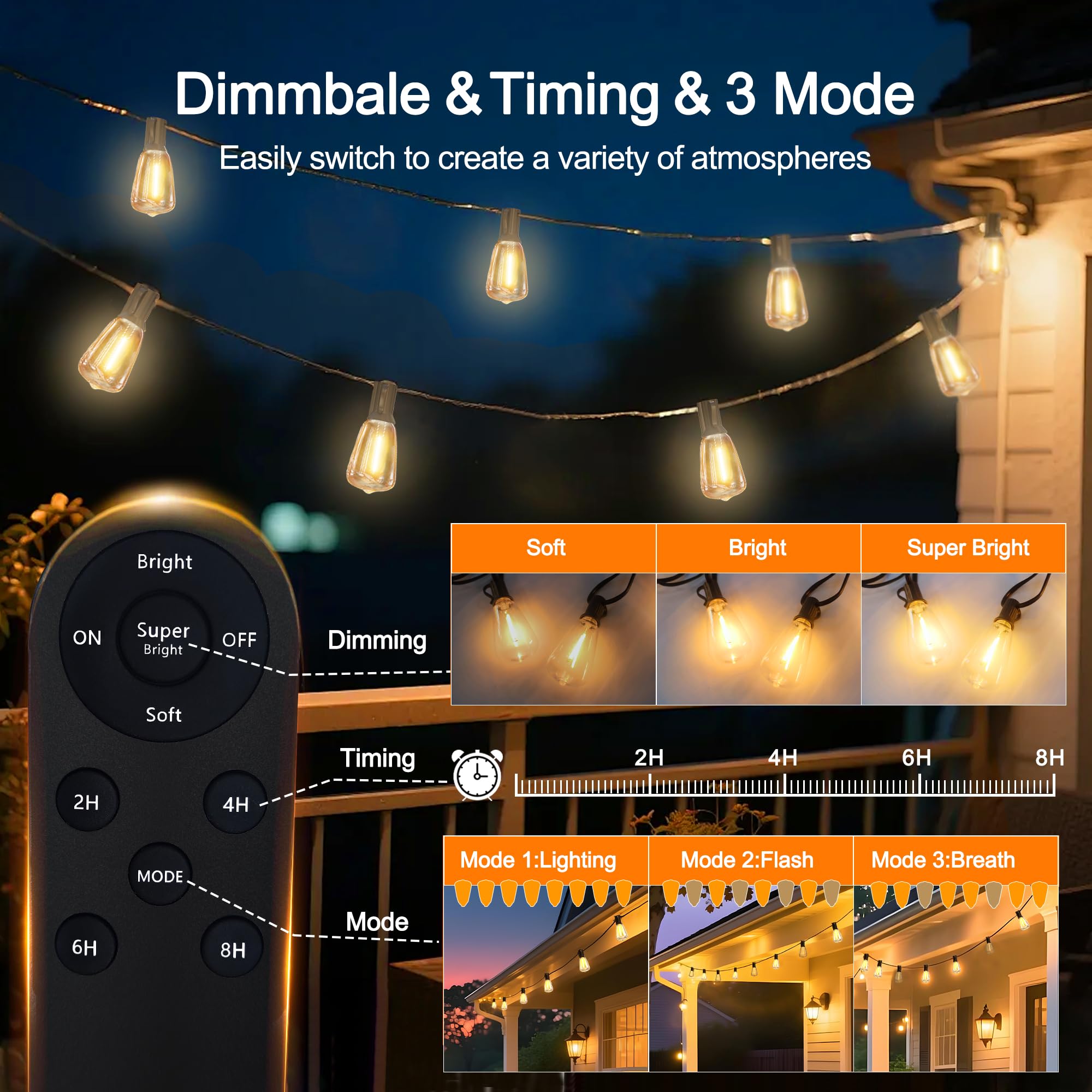 BLIATLUS Guirnalda de luces solares de 25 pies para exteriores, impermeable, con control remoto, 8 + 2 bombillas LED ST38 inastillables para porche, jardín, mercado, bistró, patio, valla
