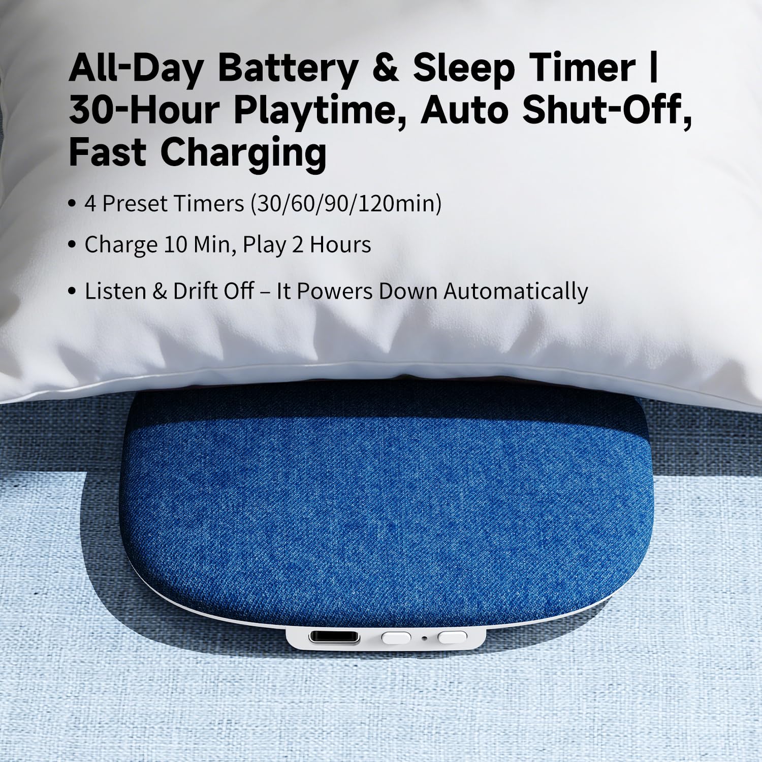 TAZATA Pillow Speaker for Sleeping, Built-in 100 White Noise Sound Machine + App Extendable, Ultra Thin Flat Portable Bluetooth Speaker Under Pillow for Side Sleeper, Auto-Off Timer (Blue) — view 8