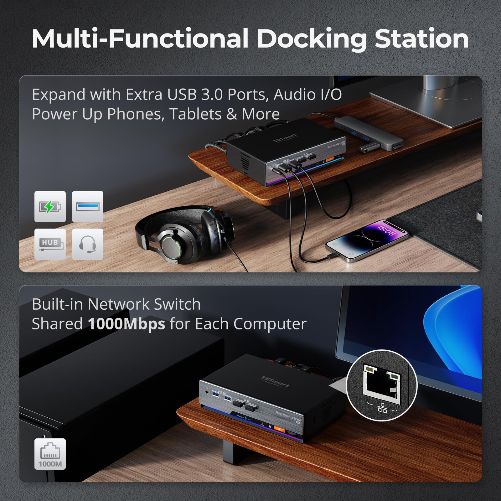 TESmart 8K@60Hz DisplayPort KVM Switch 2 PC 2 Monitor USB 3.0 DP 1.4 KVM Switch Dual Monitor 4K@144Hz per Gaming Dock, Supporta EDID, Gigabit Network, Hotkey, Audio Microfono, con Cavi PC