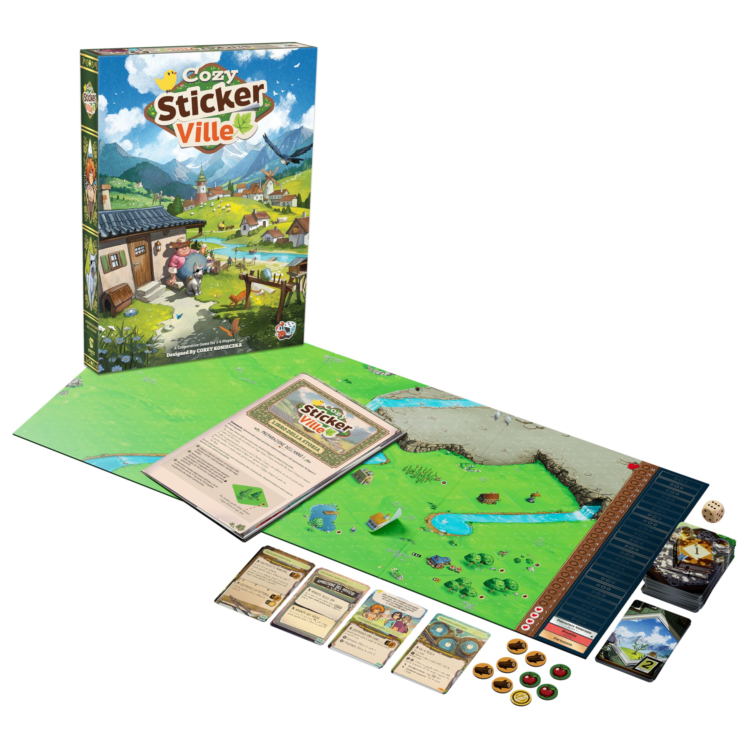 Asmodee – COZY STICKERVILLE – Gioco da Tavolo Collaborativo | Gioco da Tavola Legacy e Narrativo Ideale per Famiglie e Amici – 1-6 Giocatori – 8+ Anni – 30-60 Minuti – Edizione Italiana