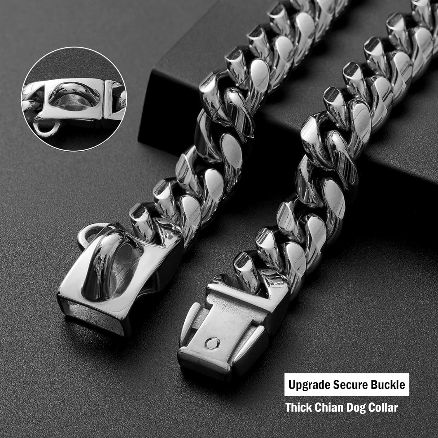 Strong Stainless Steel Silver Dog Collars with Safety Buckle Lock,Cuban Link Chain Training Walking Collar,Dog Necklace Chain for Small Medium Large Dogs