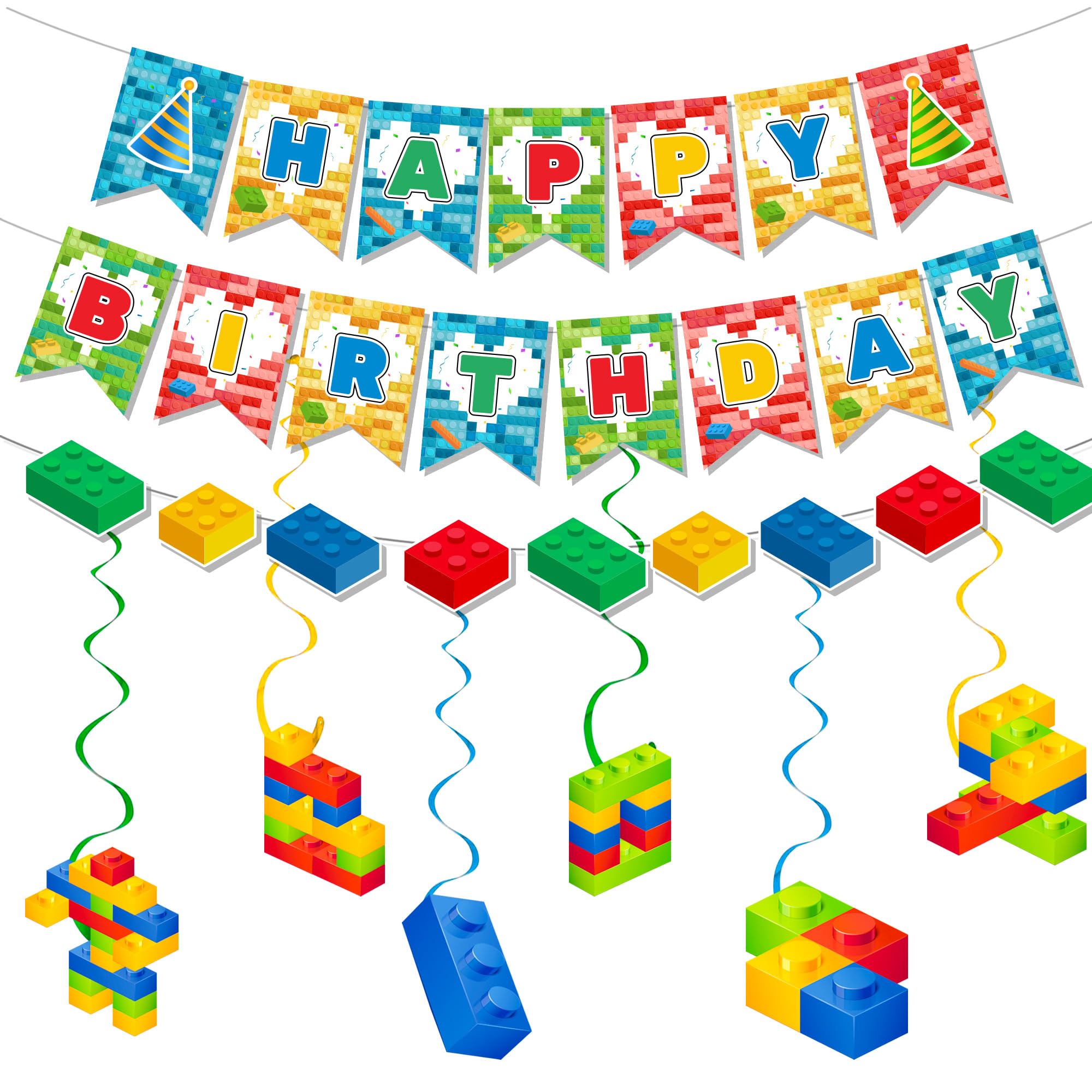 Building Block Party Decorations Banner Swirls, 7 Pcs Building Blocks Hanging Swirls Decoration - Banne & Hanging Swirls for Building Block Party Favors