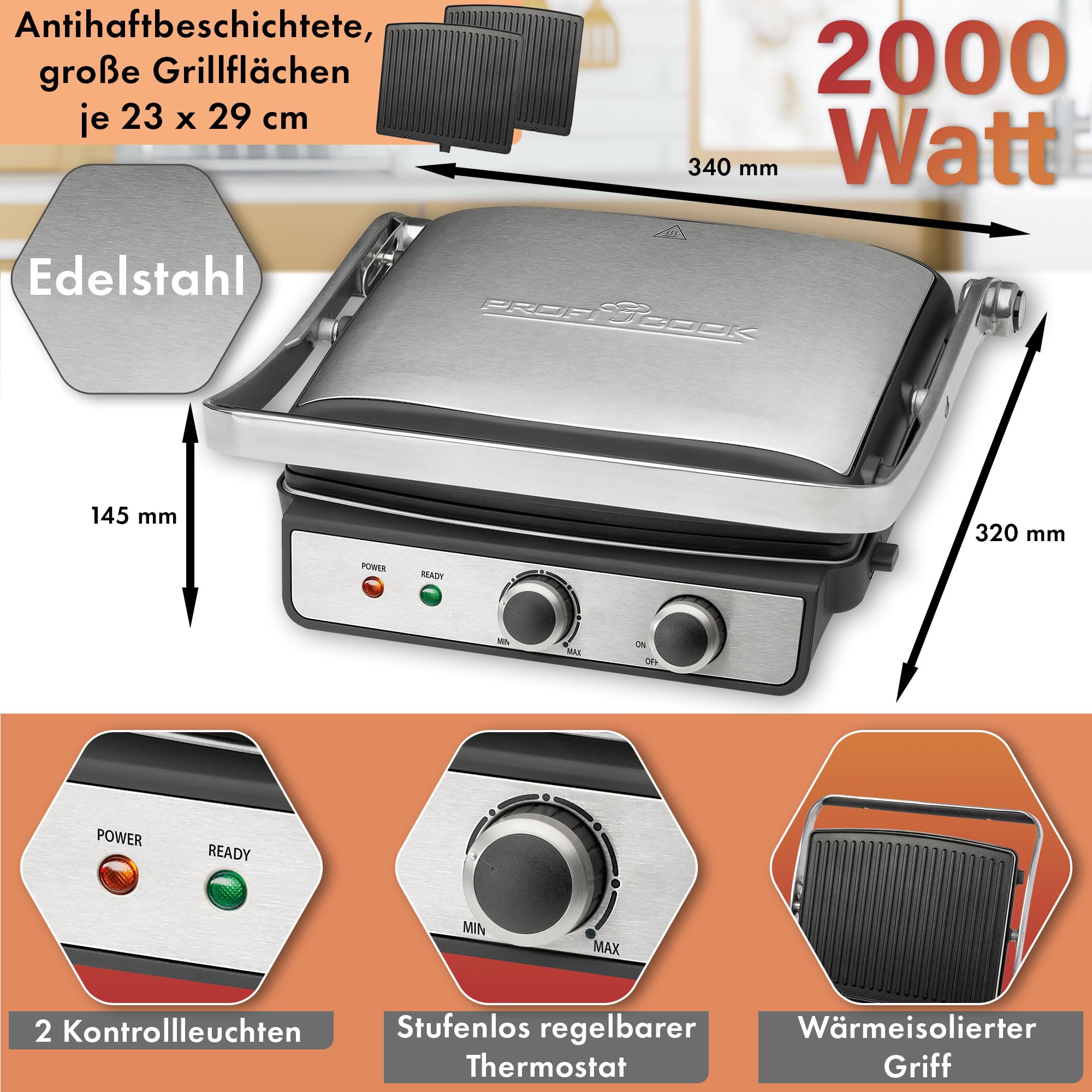 ProfiCook® Kontaktowy Grill Elektryczny do Beztłuszczowego Grillowania Panini, Steków, Tostów | Bezstopniowo Regulowany Termostat | Otwór 180° | 2000 W