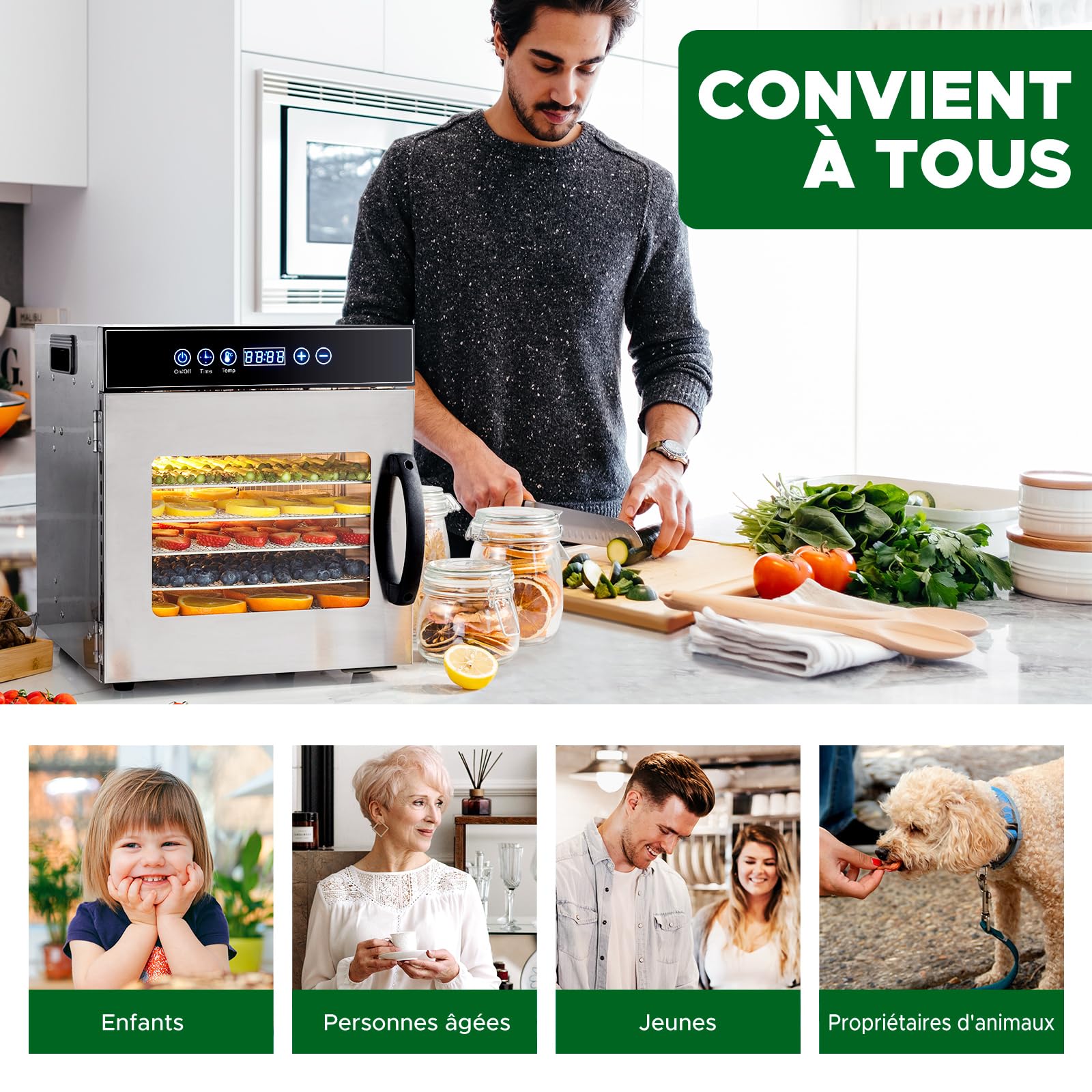 Kwasyo 8 Plateaux Deshydrateur Alimentaire en Acier Inoxydable, avec Température Réglable 30 à 90°C et Minuterie Numérique (0-24h), pour Fruits, Poisson, Légumes, Viande, Jerky, Herbes