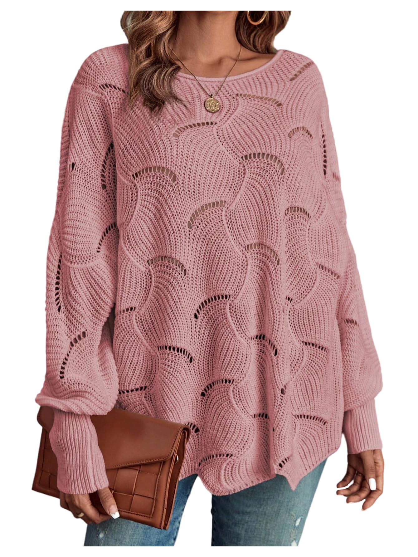 SHENHE Womens Boat Neck Oversized Sweater Hollow Pointelle Knit Dolman Sleeve Fall Sweater