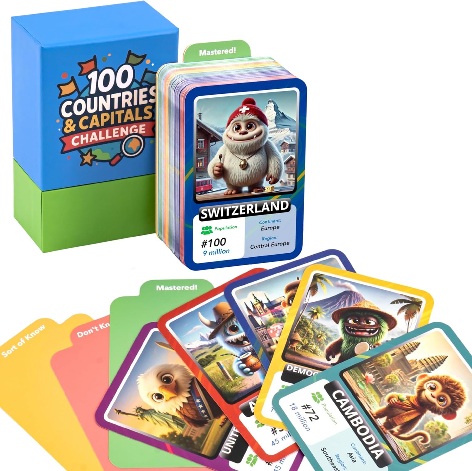 100 Countries & Capitals Flashcard Game – Geography Learning Game for Kids – Educational Card Set for Classroom, Homeschool, ESL, World Facts & Memory Challenge – Ages 6+