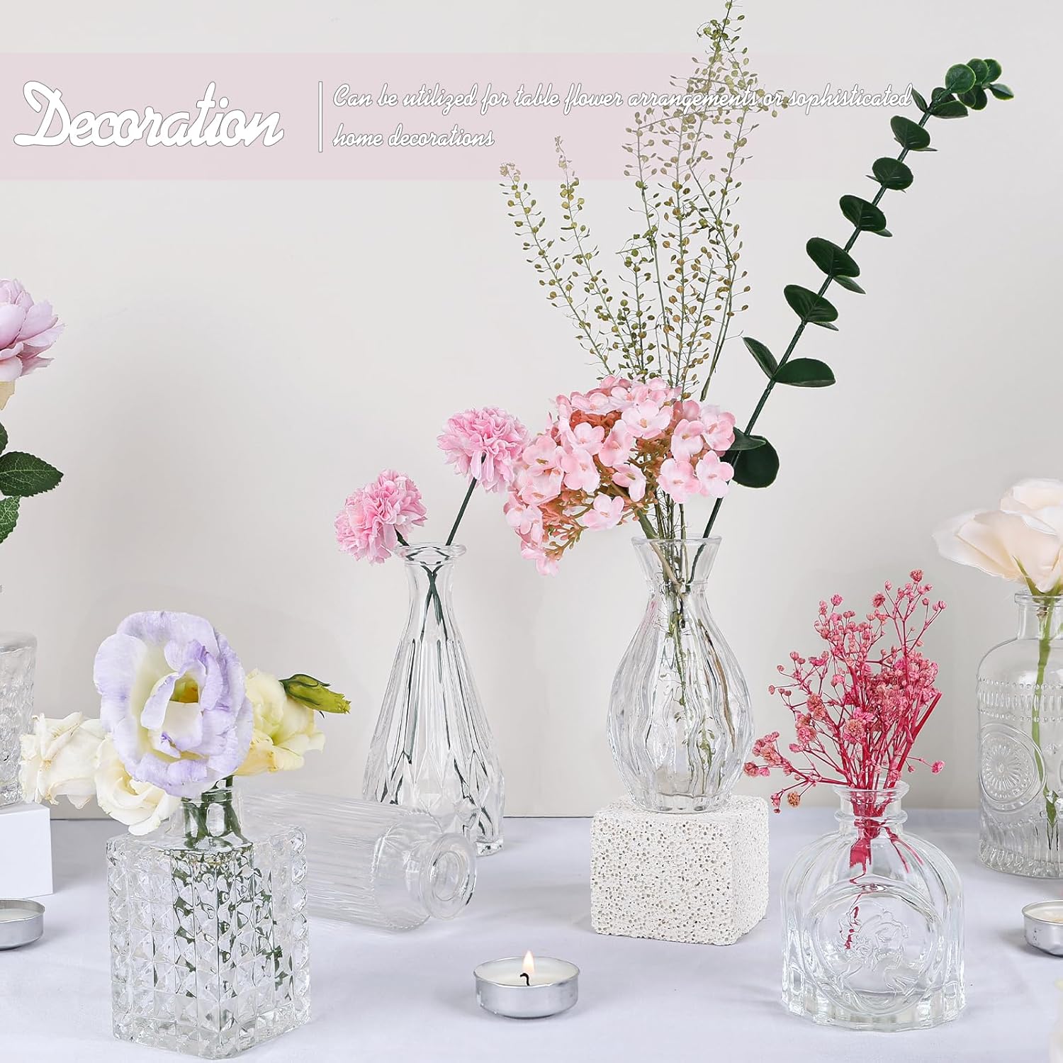 glass bud vase set of 24, small clear flower vases for centerpieces in bulk, mini vintage vase for wedding decor, and home table décor 24pcs-clear