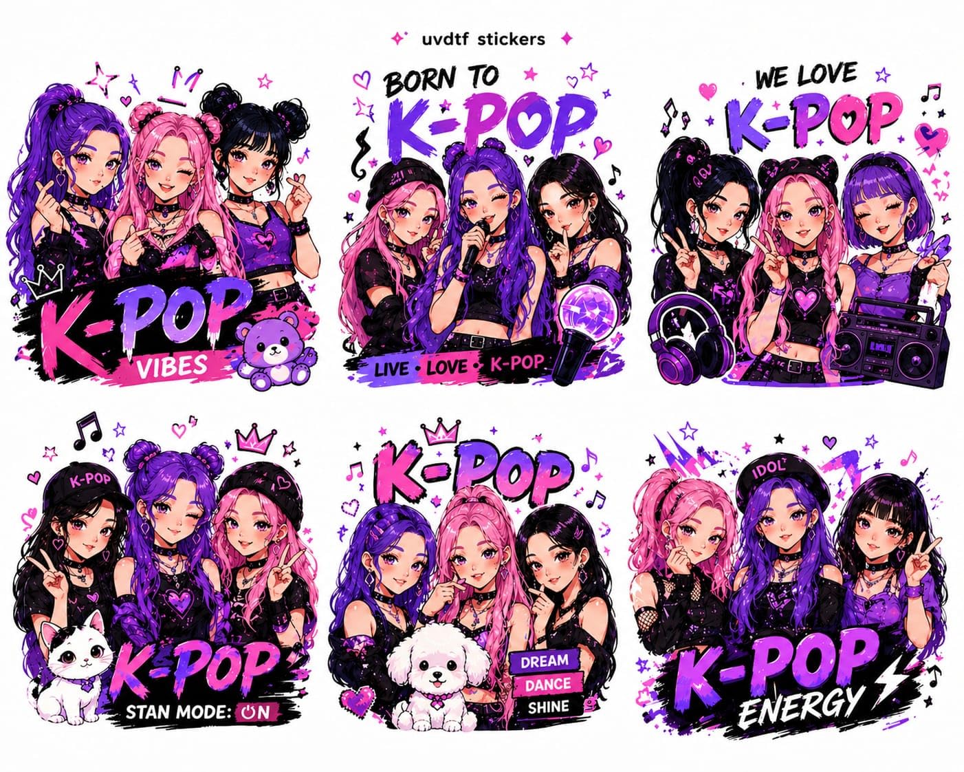 EXPECTRO K-pop Anime UV DTF Cup Wrap Transfer Stickers, Waterproof, Glossy, 6.35 x 6.35 cm, Multicolour, Pack of 6