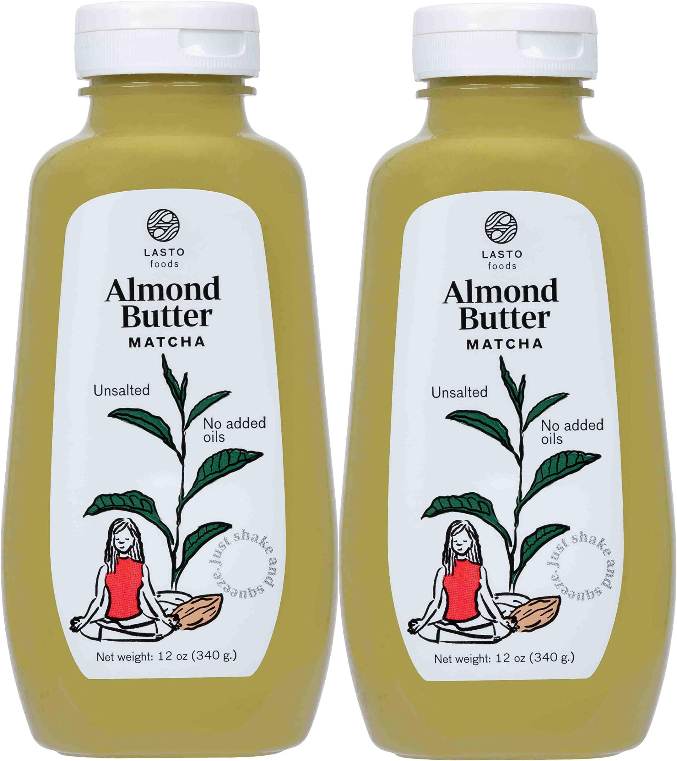 LASTO Foods Matcha Almond Butter - Natural Nut Butter w/a Convenient Squeezable Bottle - Unsalted Nut Spread w/No Added Oils - Delicious & Healthy - (2 Pack, 12oz)