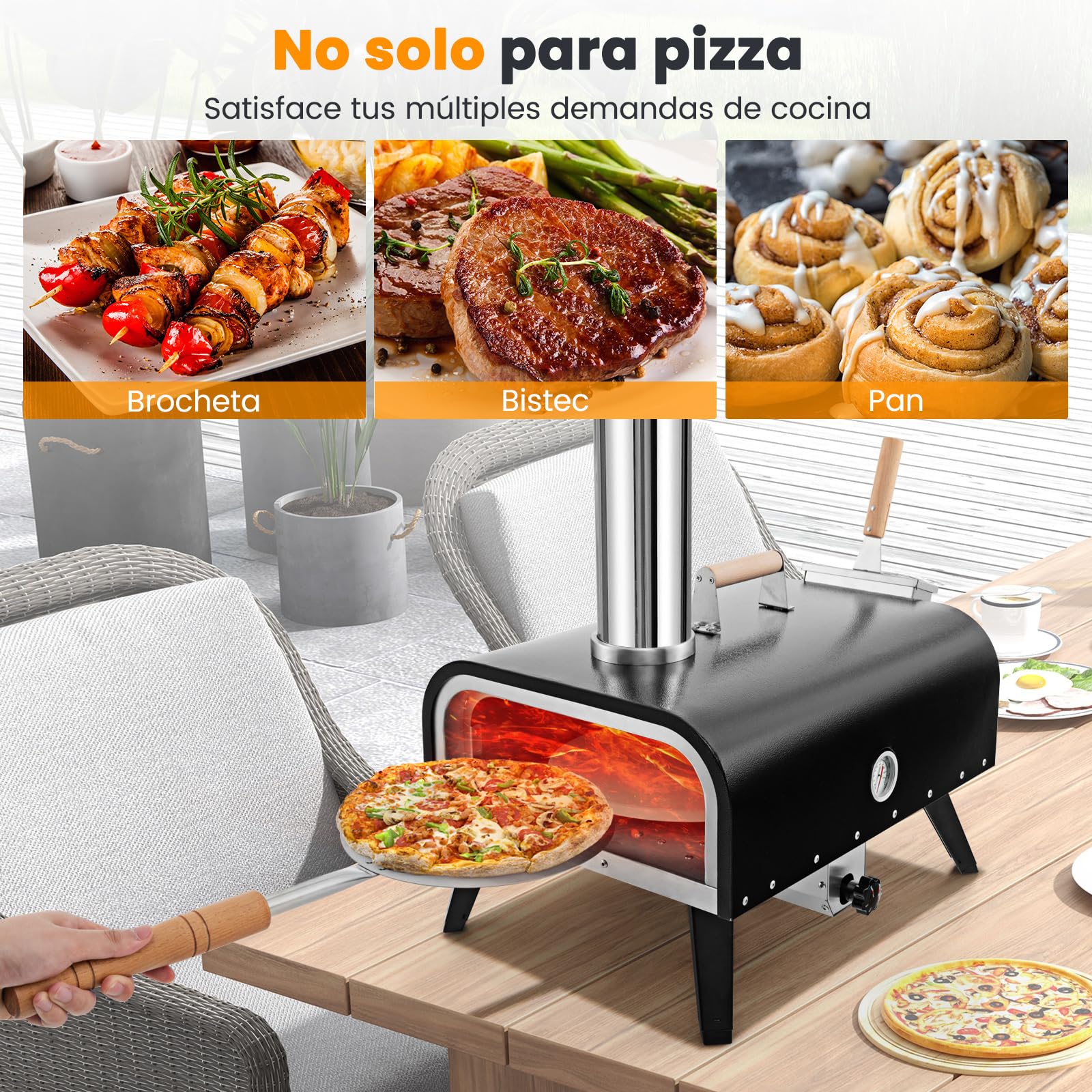 COSTWAY Horno Pizza, Horno Pizza Leña y Carbón, Piedra para Pizza de 30 cm, Inoxidable de 3 Capas con Termómetro, Pala para Pizza y Bolsa de Transporte