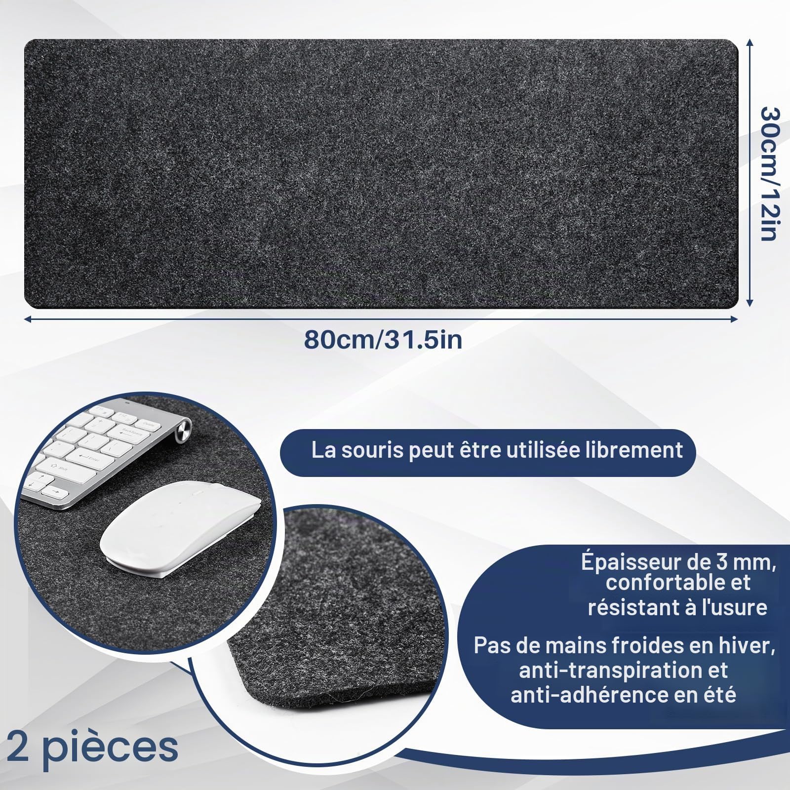 Panelee 2 Paquets 80x30 cm Grands Sous-Mains en Feutre Tapis de Bureau Antidérapants Protecteurs Ordinateur Souris Clavier Gris Foncé