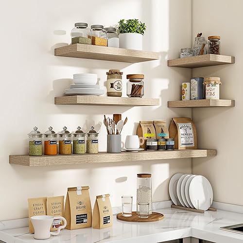 Miniatura 7 de Estantes flotantes de 24 pulgadas, con textura 3D de veta de madera, estantes flotantes de pared de 24"x9.25"x1.5" de profundidad, estantes de Roble