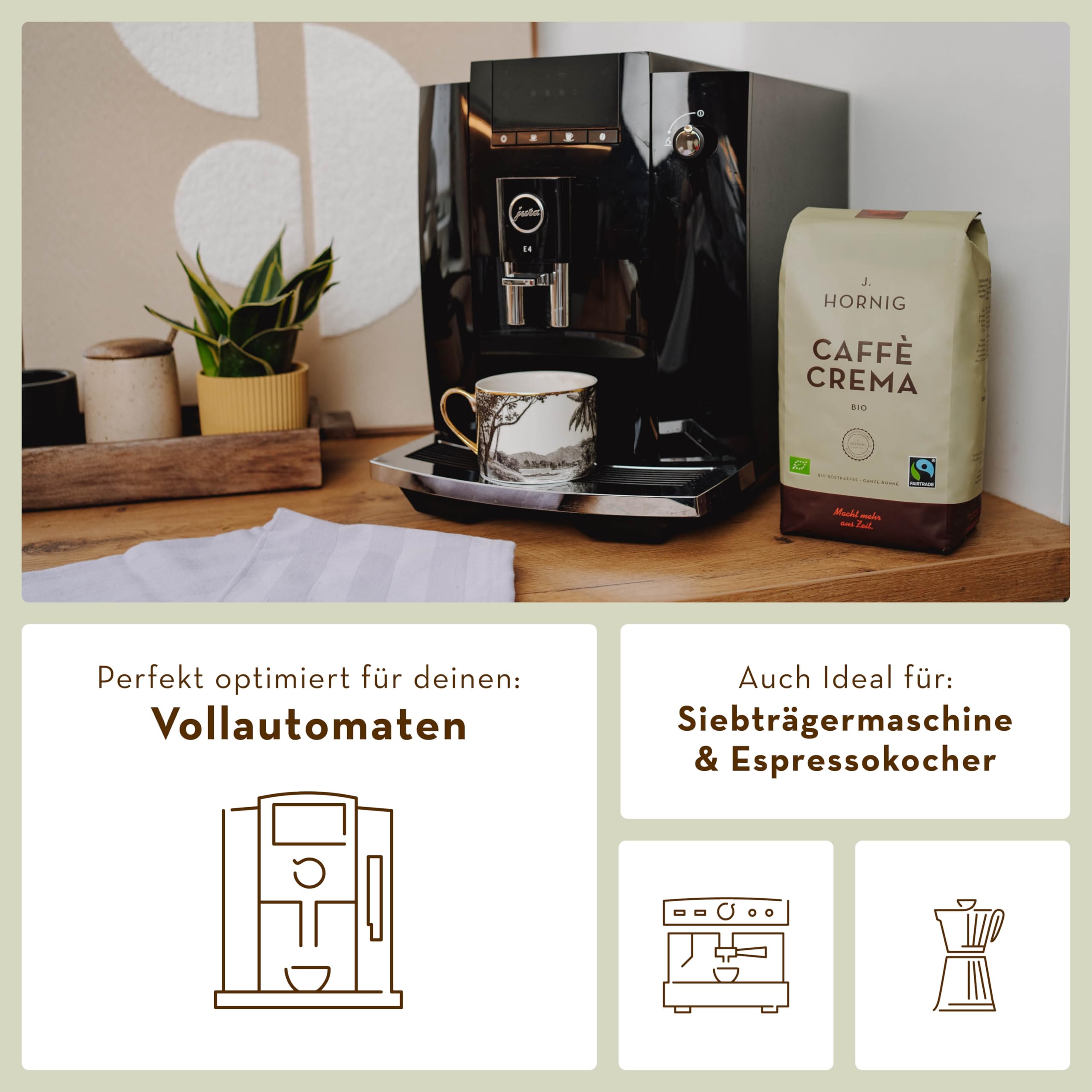 J. Hornig Kaffeebohnen Bio & Fairtrade, Caffè Crema Bio, 6x1kg Vorratspackung, Arabica & Robusta, säurearmer Kaffee mit Noten von Kakao & dunkler Schokolade, Stärke 4/5