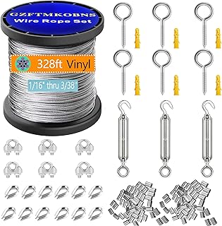 1/16 Wire Rope Kit,String Light Hanging Kit, Outdoor Light Guide Wire, 100M/328FT Vinyl Coated Stainless Steel Cable Wire for Outdoor,Garden,Kitchen,Craft with Turnbuckle (100M/328FT)
