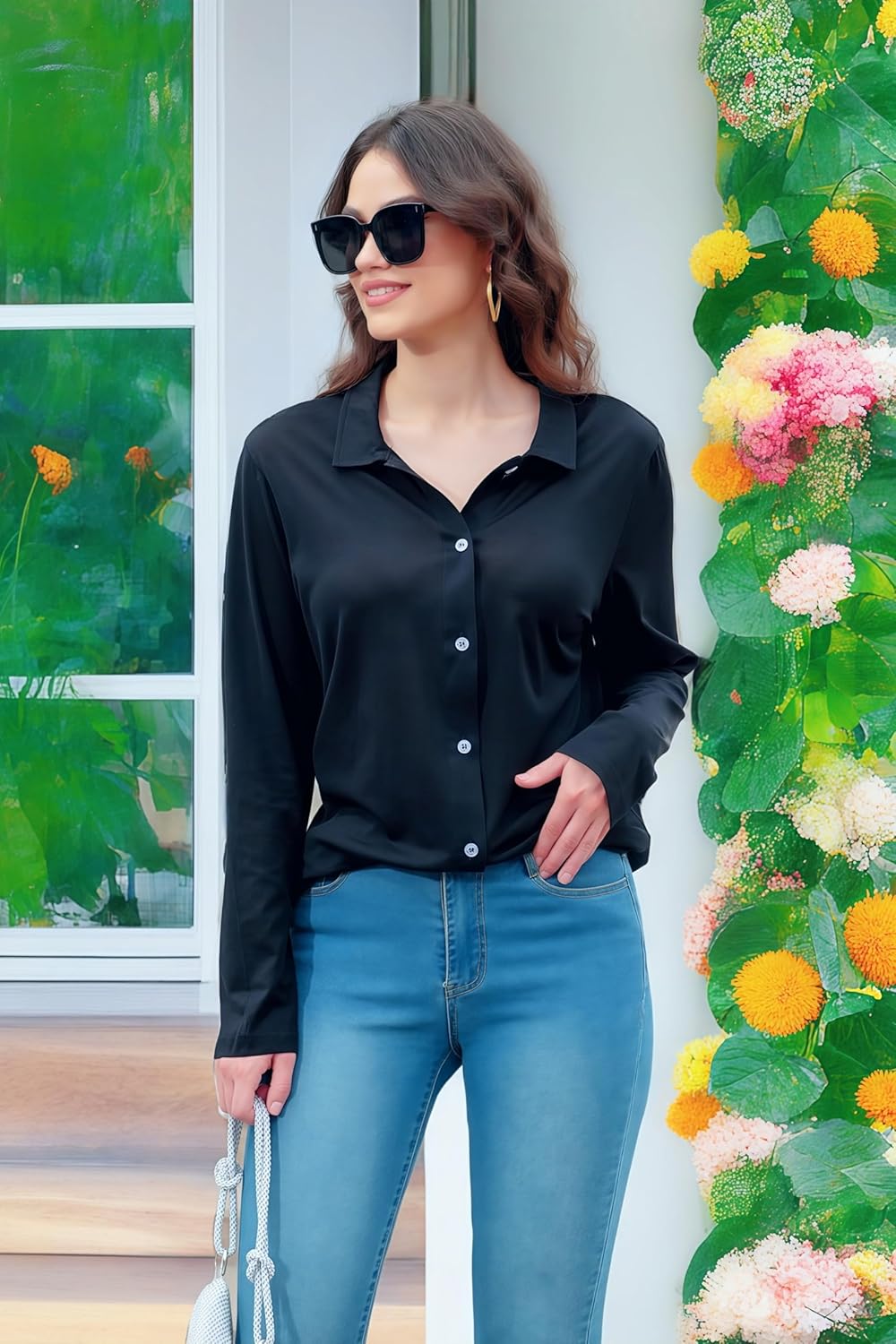Women's Cotton Basic Button Down Shirt Long Sleeve Wrinkle Free Collared Blouse Lightweight Soft Comfortable Jersey Knit Tops - Image 5