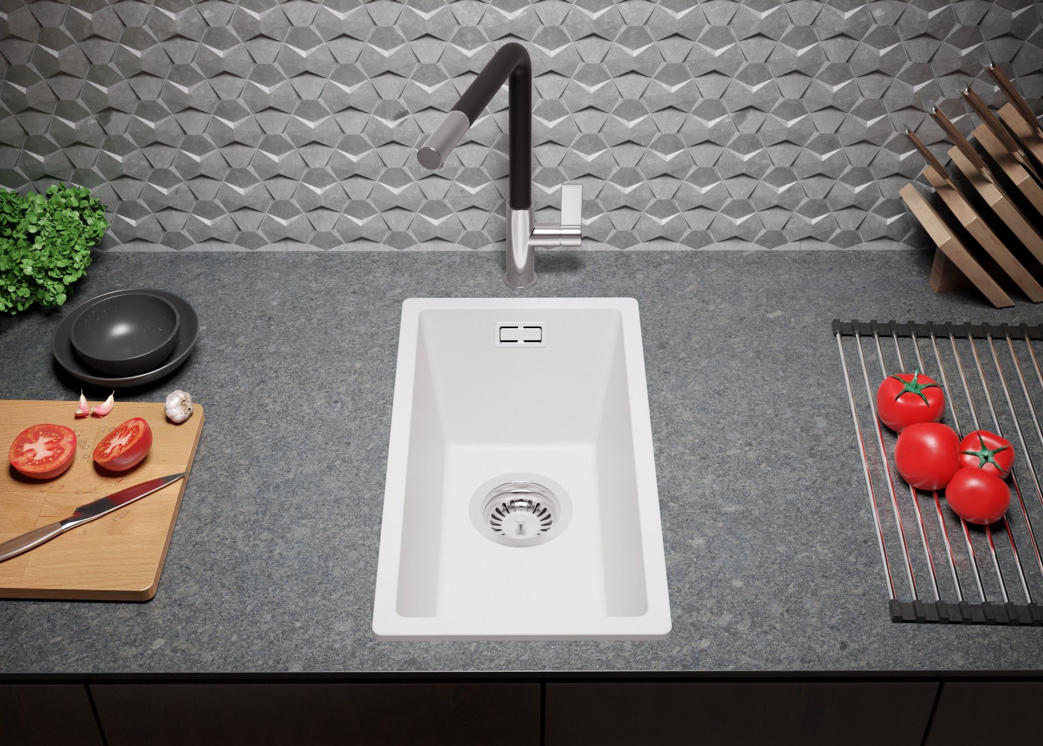 PRIMAGRAN Evier Cuisine en Granit Tout Blanc - London, 26x47cm | Lavabo 1 Bac + Kit de Vidage, Évier à Encastrer au Meuble 30cm (S007)