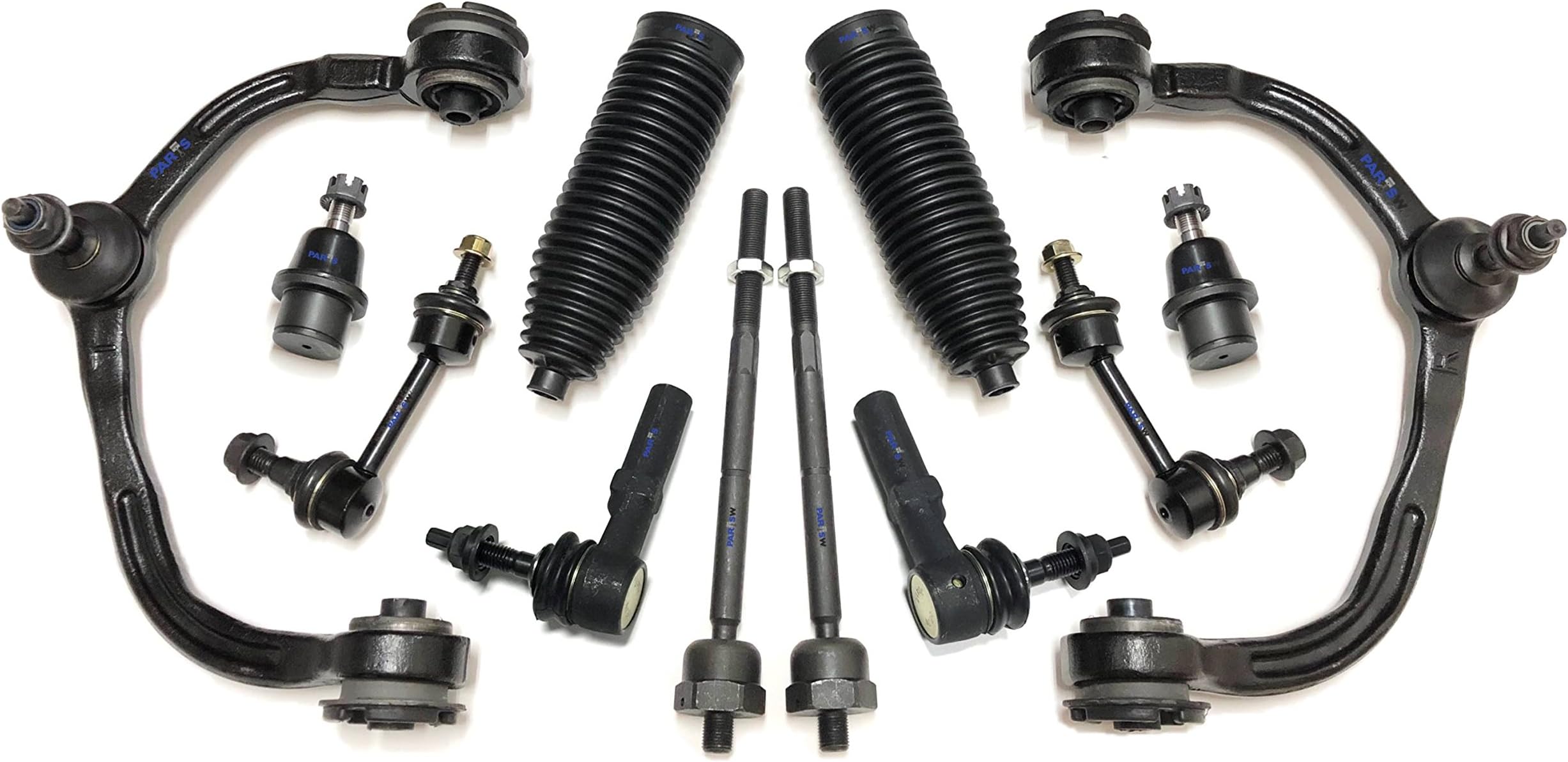 PartsW - 12 Pc Front Complete Suspension Kit Control Arms, Ball Joints, Tie Rod Linkages, Rack & Pinion Below Boots, Front Sway Bar End Link