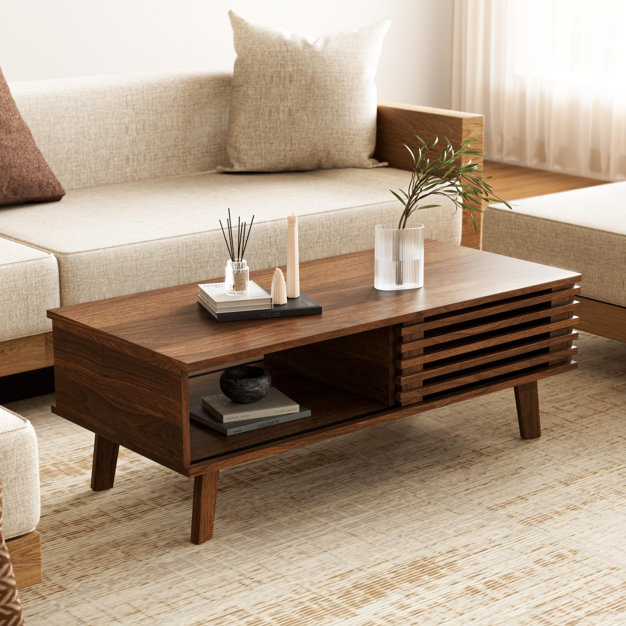 Furniway Mid Century Modern Coffee Table in Walnut