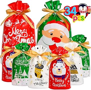 VEYLIN Christmas Drawstring Bags, 34 PCS Xmas Present Gift Bags Assorted Sizes Gift Wrapping Bag with String for Christmas Party