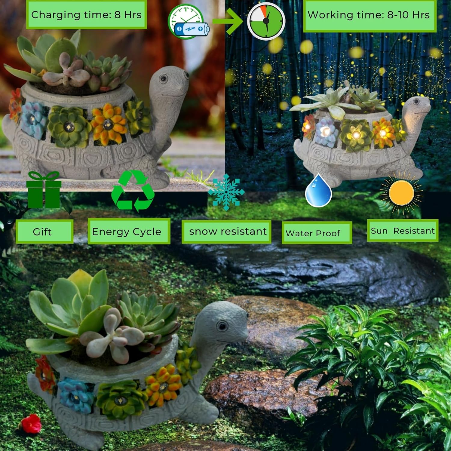 GUCHO Solar Garden Outdoor Statues Turtle with 5 Led Lights (Not Include Real Succulent),Lawn Decor Tortoise Statue for Patio, Balcony,Yard,Garden Decorations,Unique Gifts for Women Men