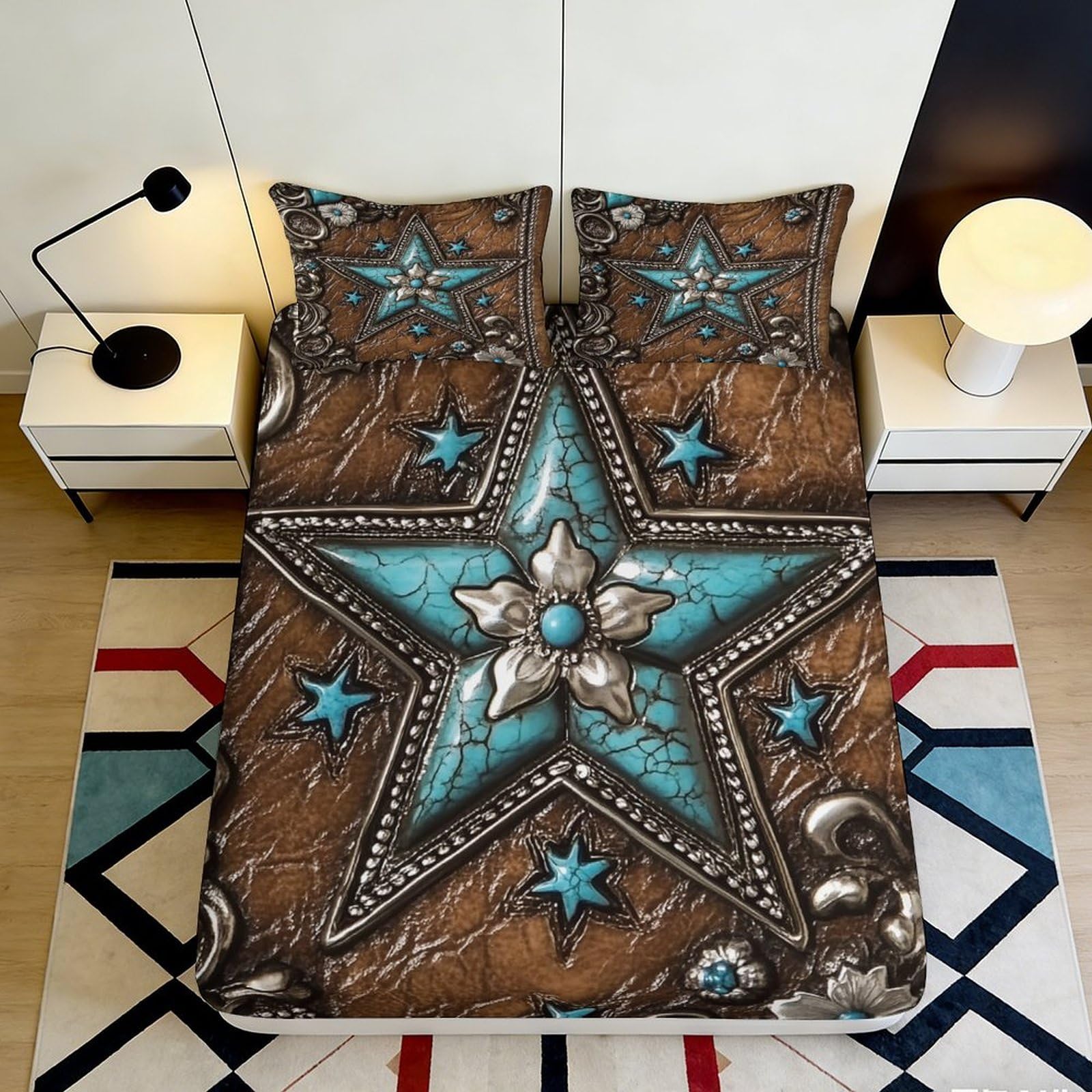 Jqzkxnhpbr Style-3 3D Printed Western Turquoise Star Fitted Sheet Microfiber Soft Breathable Rustic Cowboy Bed Cover For Bedroom Dorm Mattress Protection Decor 90X200x25cm
