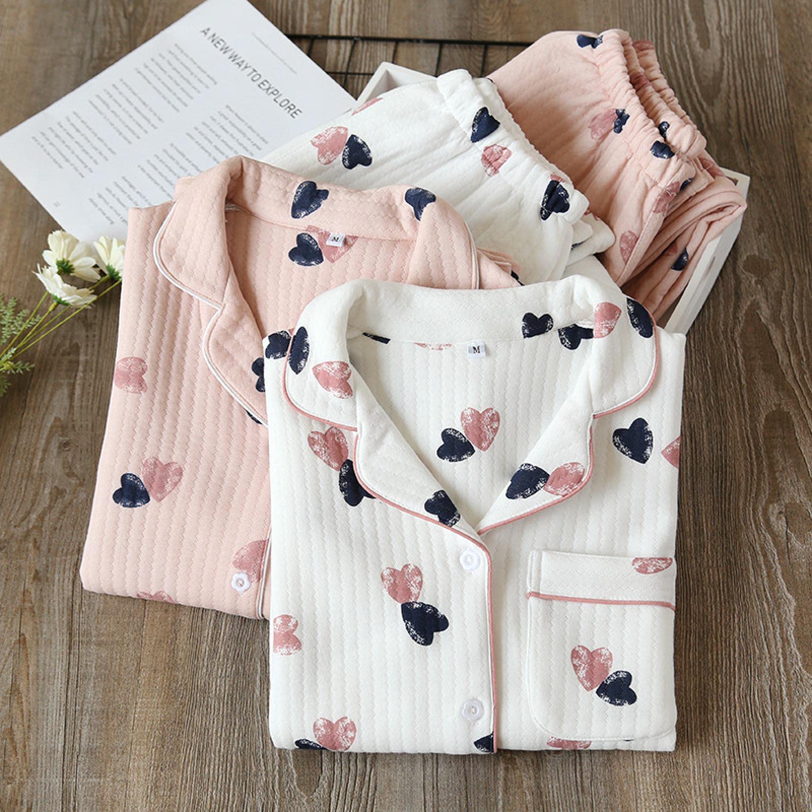 Un Pijama Cómodo Pijamas De Mujer Pijamas De Mujer Conjunto De Pijamas De Mujer De Algodón Puro Grueso De Manga Larga Ropa De Dormir De Mujer Suelta Com,Pinklove-XL