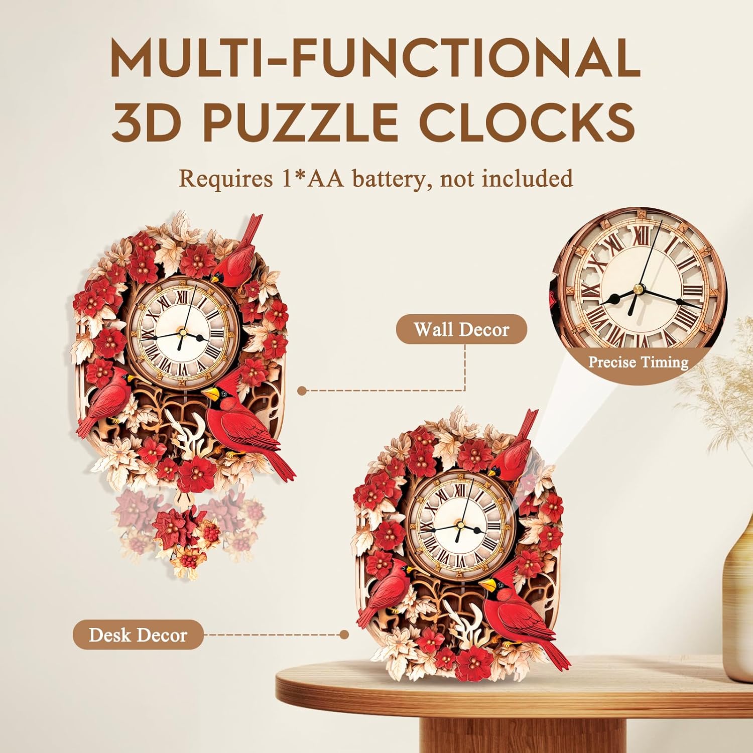 Cutywood 3D Puzzles for Adults Clock-Cardinal Design Model Kit-Mechanical DIY Pendulum Clock with Roman Numerals-Desk Home Office Decor Personalized Gift for DIY Lovers