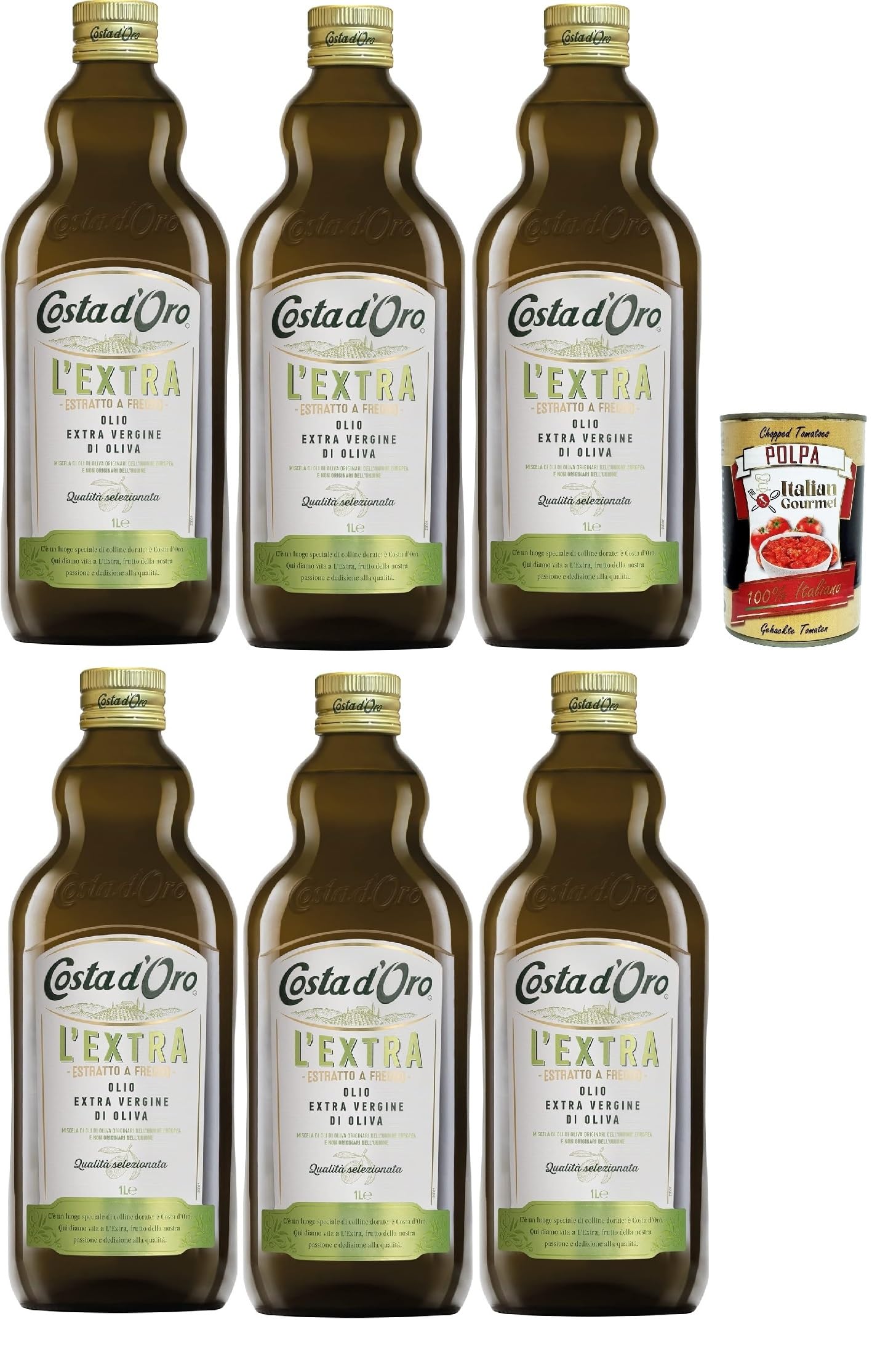 Costa d'Oro Extra, le supplément de 1L. Huile d'olive extraite à froid extraite à froid. Goût équilibré, adapté à toutes les recettes et comme assaisonnement à salade, 6x 1 lt + Italian Gourmet Polpa
