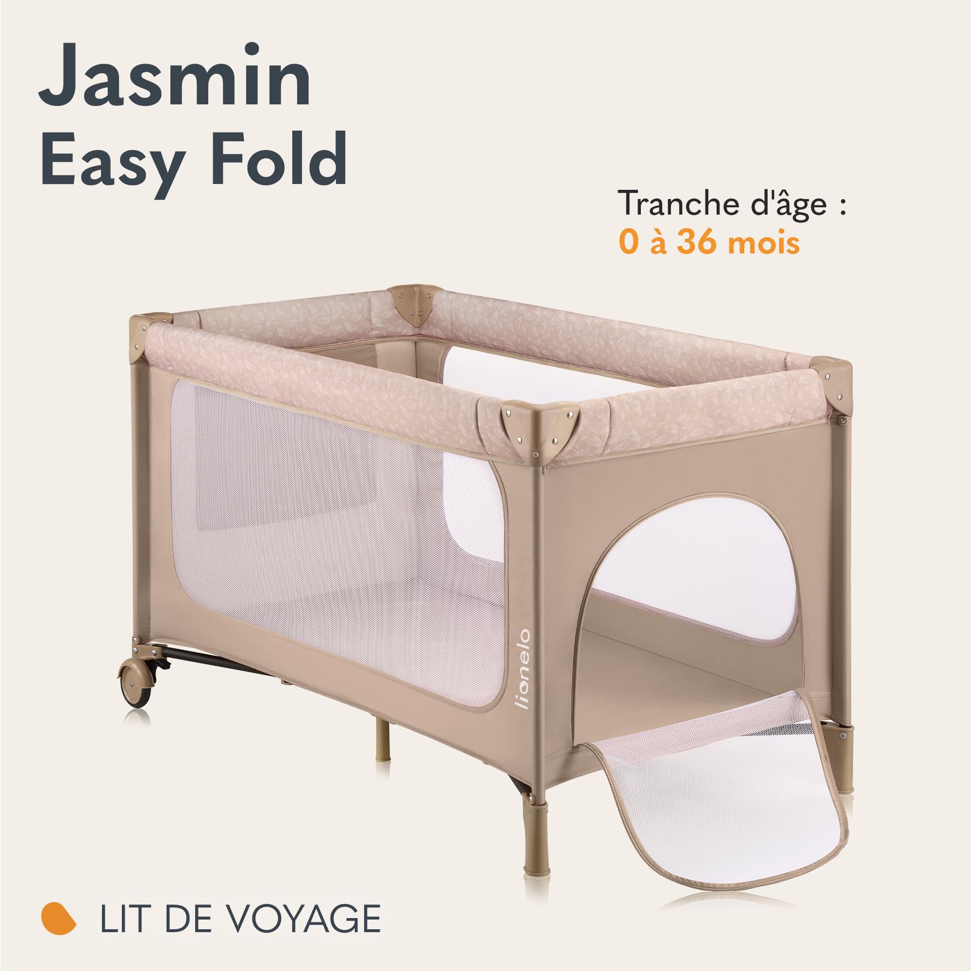 lionelo Jasmin Easy FoldLit de Voyage pour Enfants jusqu'à 15 kg de 0 à 36 Mois Matelas Mousse T25, 2 hauteurs, Facile à Plier Easy Fold, Accès latéral, roulettes